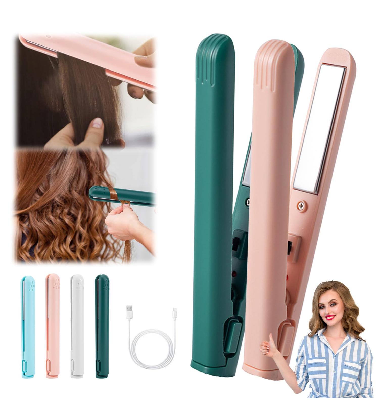 Mini Dual-purpose Curling Iron ceramic mini hair curler for short hair 2-in-1 USB Mini Curling Wand Flat Iron Hair Straightener Portable Hair Travel Curling Wand (Green and Pink) - Buy Online on GoSupps.com