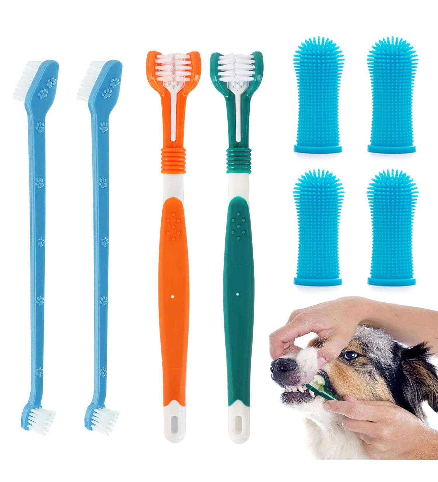 Dog Toothbrush Set 2 Pack Triple Heads Dog Toothbrushes with 4 Pet Finger Toothbrushes 2 Dual-Dead Toothbrush Multi-Angle Dental Teeth Cleaning Products for Small Medium and Large Pets - Buy Online on GoSupps.com