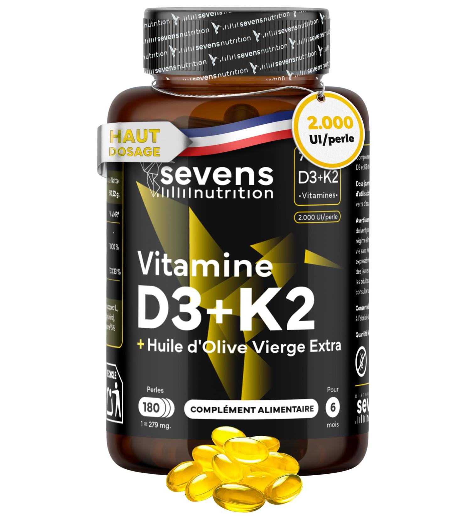 Vitamine D3 K2 MK7 - Vitamin D3 2000UI - Vitamine K2 MK7 100 g - Avec de l'Huile d Olive Vierge - 180 Softgels Sans Gluten - Hautement Dos Haute Biodisponibilit - Os Muscles Syst me Immunitaire - Buy Online on GoSupps.com