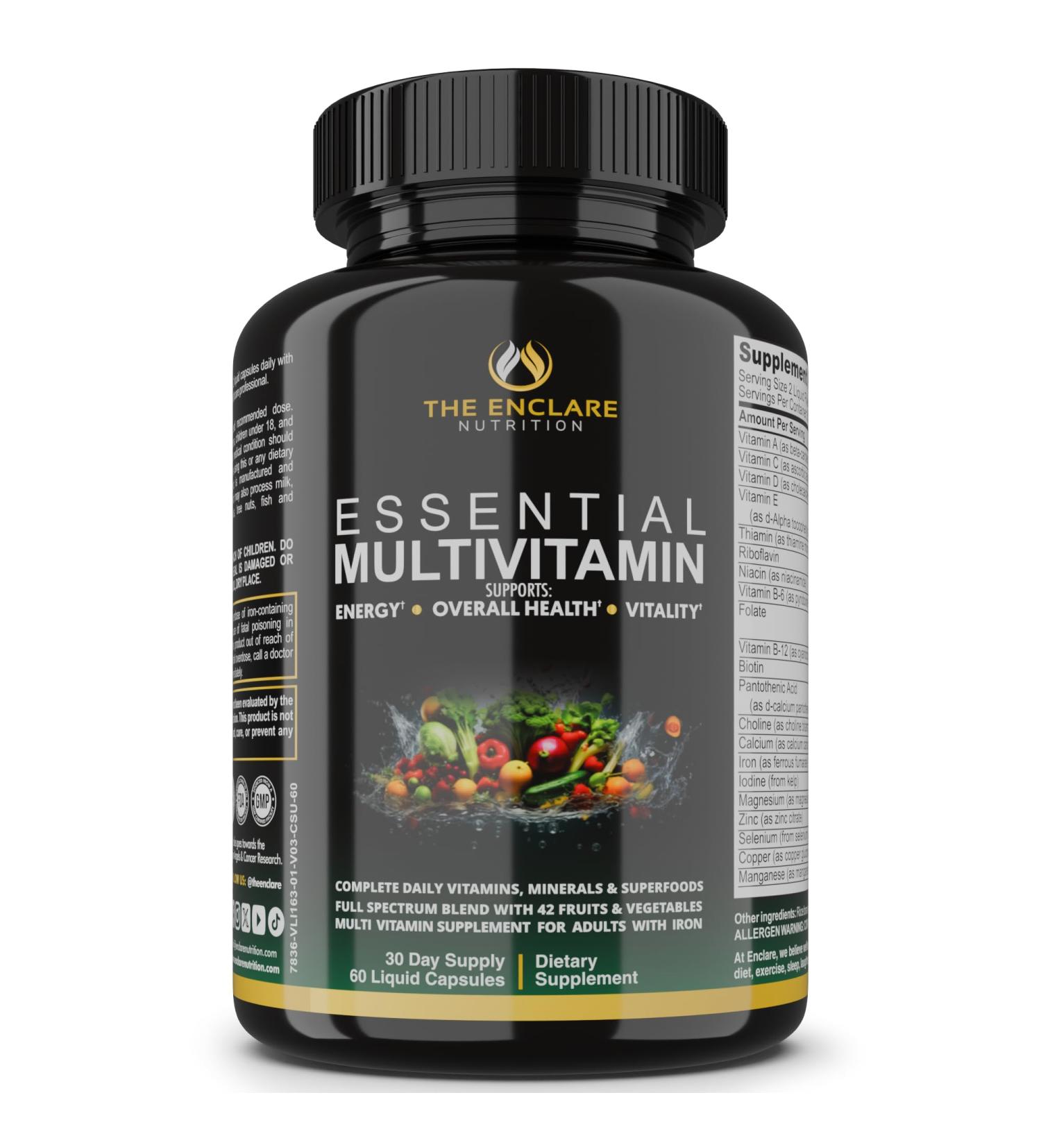 Essential Multivitamin for Women & Men Complete Daily Multi Vitamin with Vitamin D C B12 & B Vitamins + Minerals Folic Acid Iron Zinc 42 Fruit & Vegetable Superfood Blend 60 Liquid Capsules