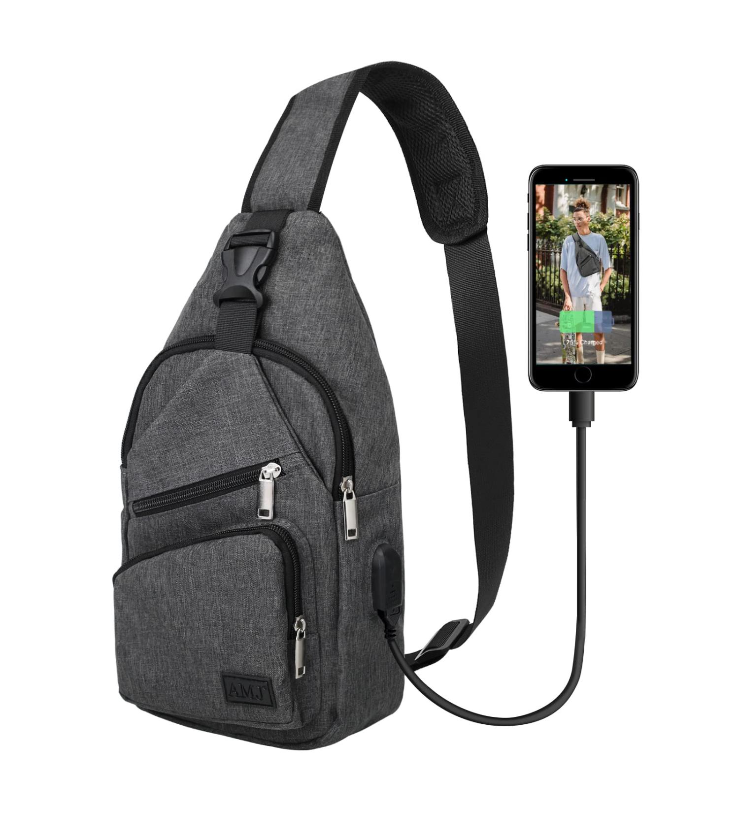 AMJ Sling Bag with USB Cable | Shoulder Backpack for Hiking, Camping | Medium Space Grey Crossbody Daypack - Buy Online on GoSupps.com