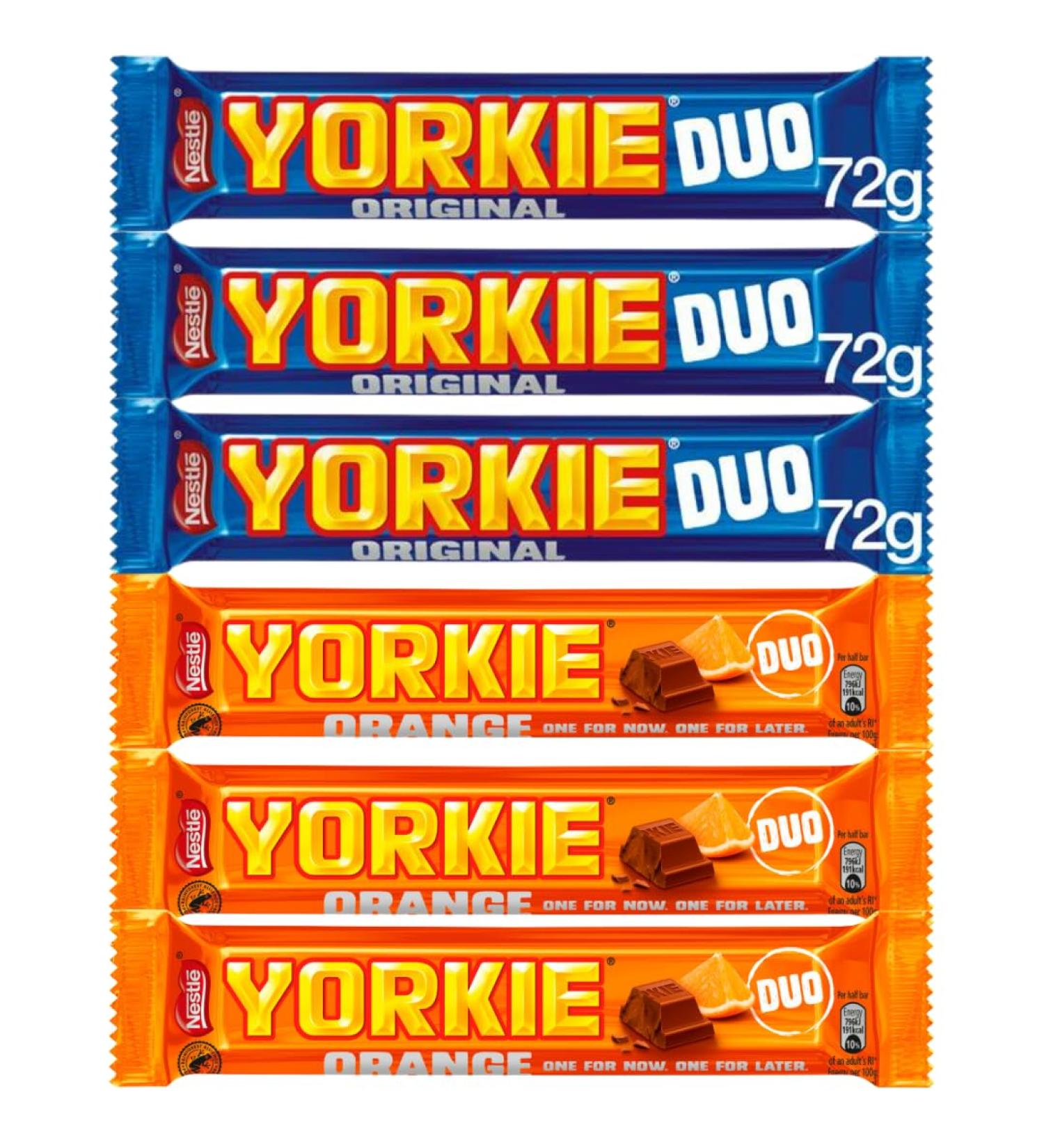Chocolate Bar Bundle With Yorkie Milk Chocolate Bar Duo 72g x3 and Yorkie Chocolate Orange Bar Duo 72g x3 (6 Pack) - Buy Online on GoSupps.com