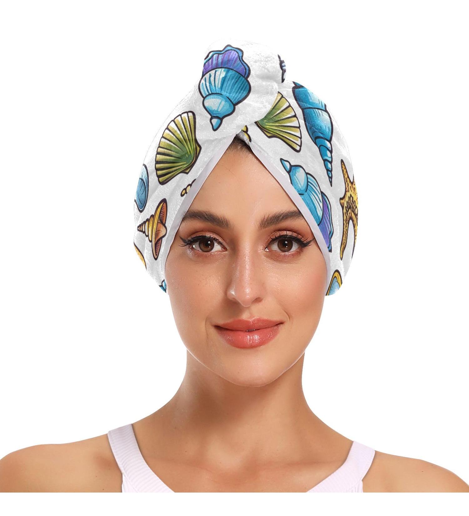 Colorful Seashells Hair Towel 2 Pack - Super Absorbent Quick Dry Hair Turbans with Button Wrap for Women & Girls - Ideal for International Shipping - Buy Online on GoSupps.com
