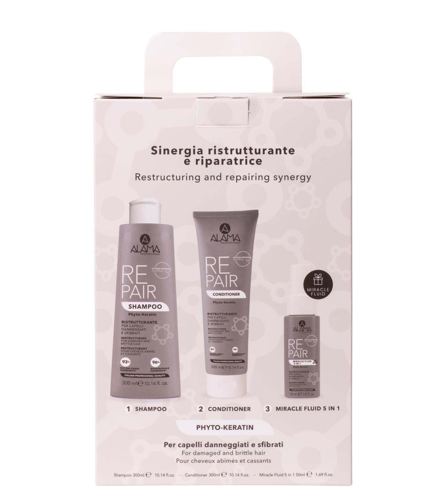 A ALAMA Alama Professional Repair Hair Beauty Routine Box Shampoo+Conditioner+Miracle Fluid 5in1 Tribute Set - Buy Online on GoSupps.com