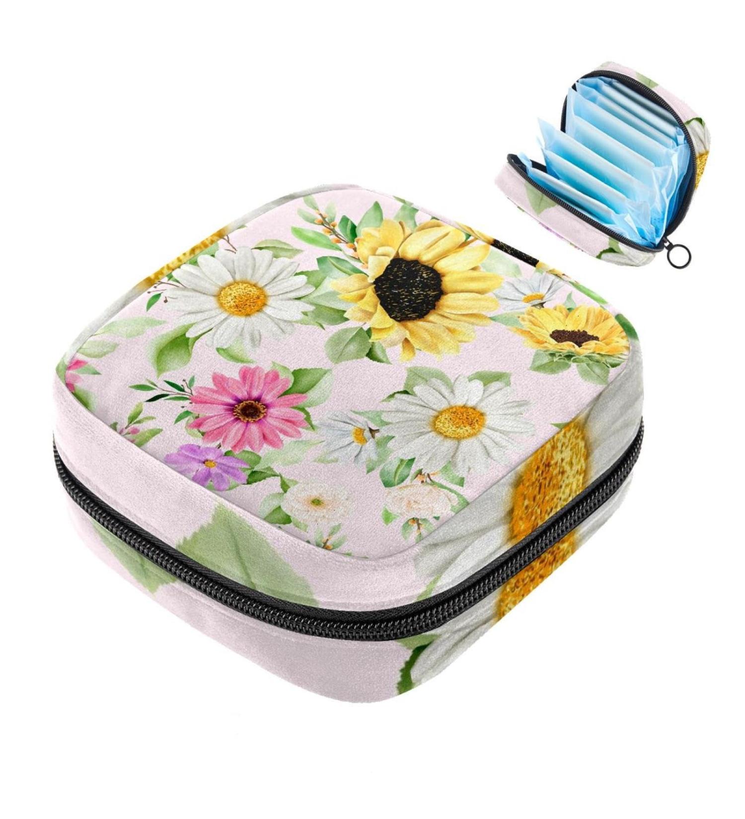 MUOOUM Menstrual Pad Bag - Blooming Sunflower Daisy Print | Sanitary Napkin & Tampon Organizer for Women and Girls | Multi-Colored - Buy Online on GoSupps.com