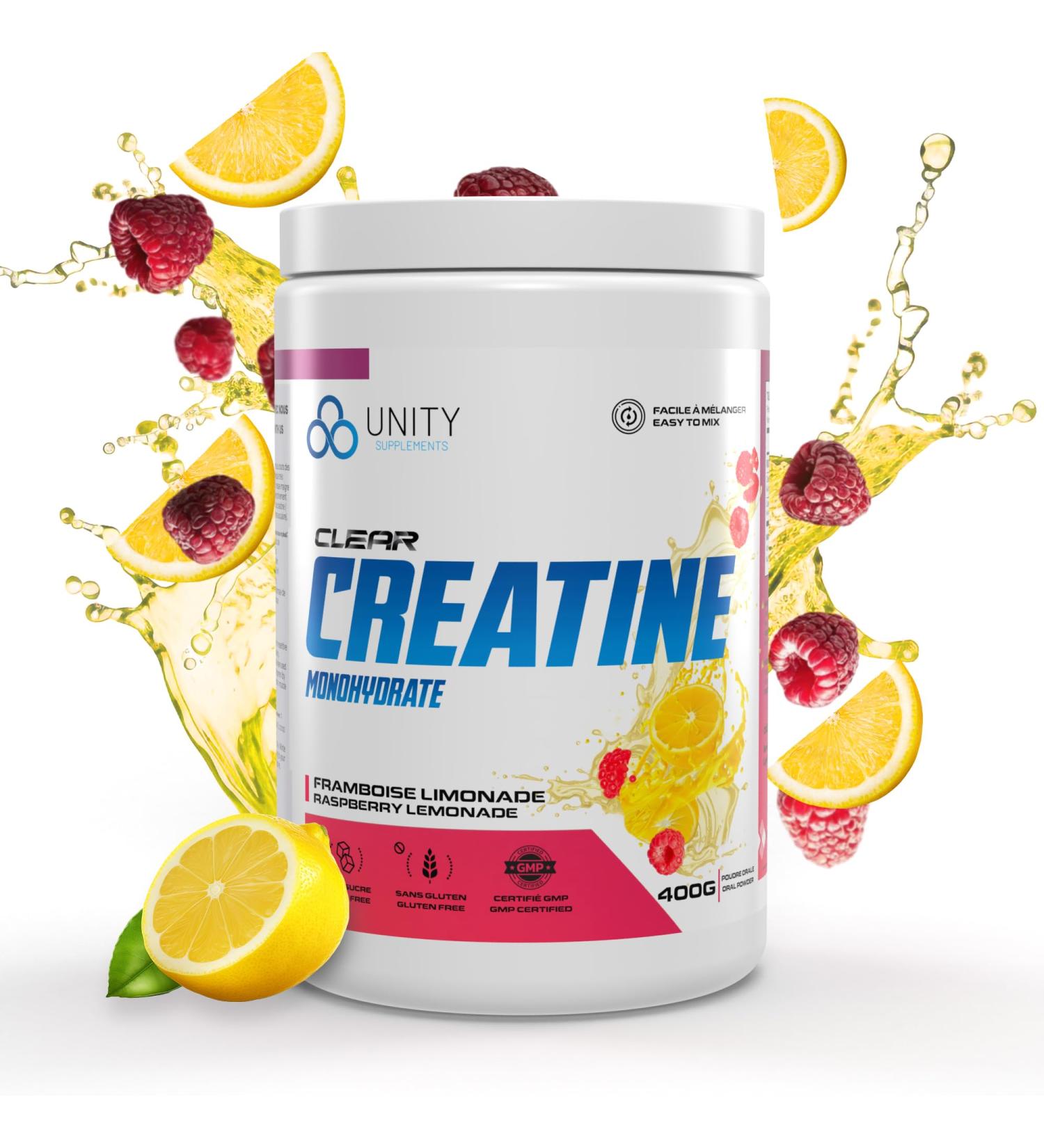 Unity Supplements Flavoured Creatine Monohydrate Powder - Promotes Muscle Growth Recovery Strength & Performance - 5g Pure Creatine - 60 Servings (400g) - Easy Mix Formula (Raspberry Lemonade) - Buy Online on GoSupps.com