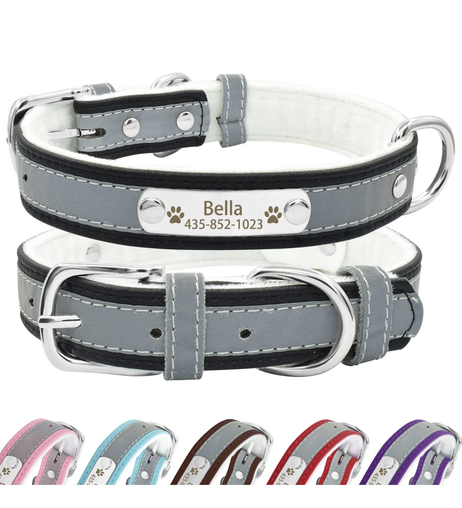 Senristar Personalized Reflective Leather Dog Collar - Engraved Name Tape for Small Medium & Large Dogs & Cats | Adjustable 1.5cm Width 25-32cm Neck Black - Buy Online on GoSupps.com