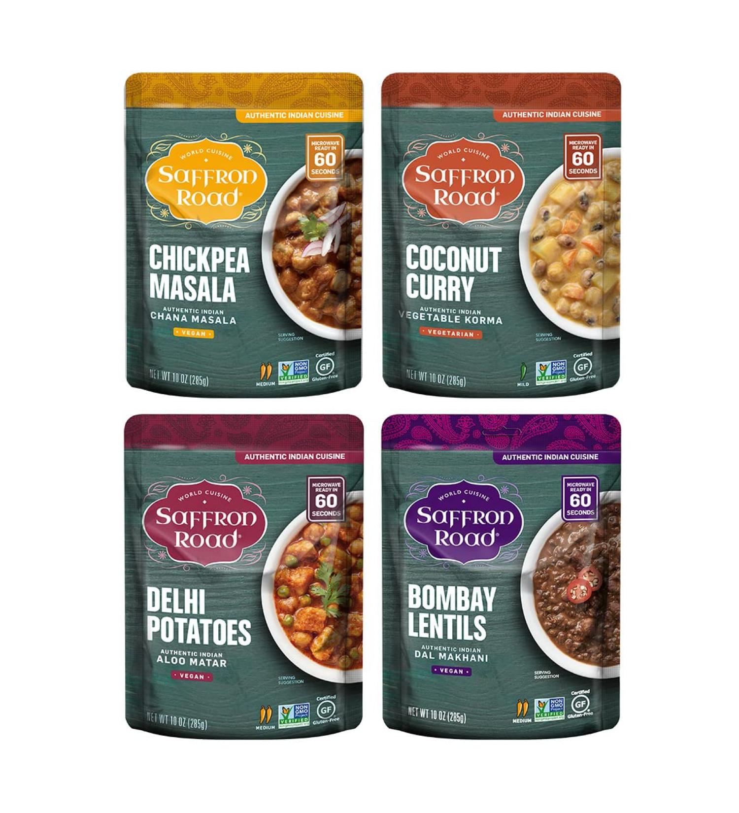 Saffron Road Meal Pouch Variety Pack - Bombay Lentils, Delhi Potatoes, Chickpea Masala, Coconut Curry (40 oz total) - 4 Flavor Variety Pack - Buy Online on GoSupps.com