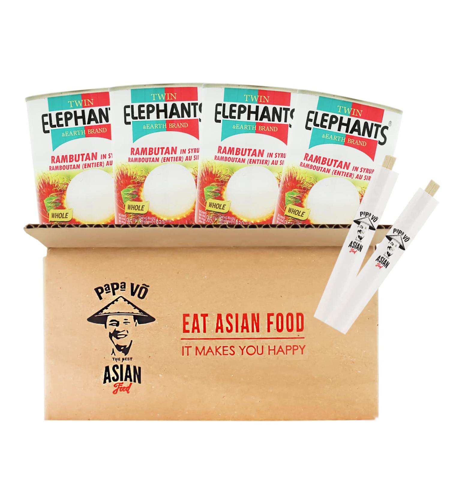 Pack of 4 (4x 565g (ATG 230g)) Twin Elephants Rambutan in Syrup (Papa Vo)