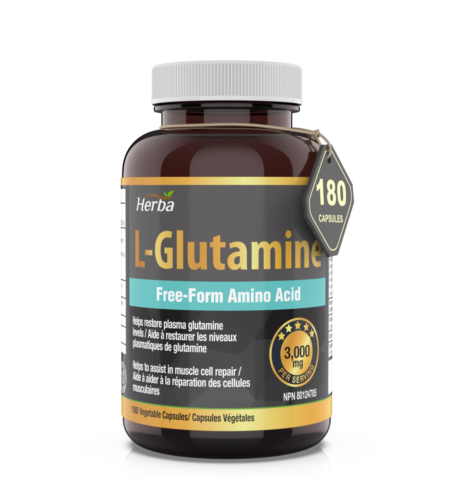 Herba L-Glutamine Capsules 750mg 180 Vegetable Capsules | 3 000mg Per Serving | Free Form L Glutamine Supplement | NPN from Health Canada | Made & 3rd Party Tested in Canada - Buy Online on GoSupps.com