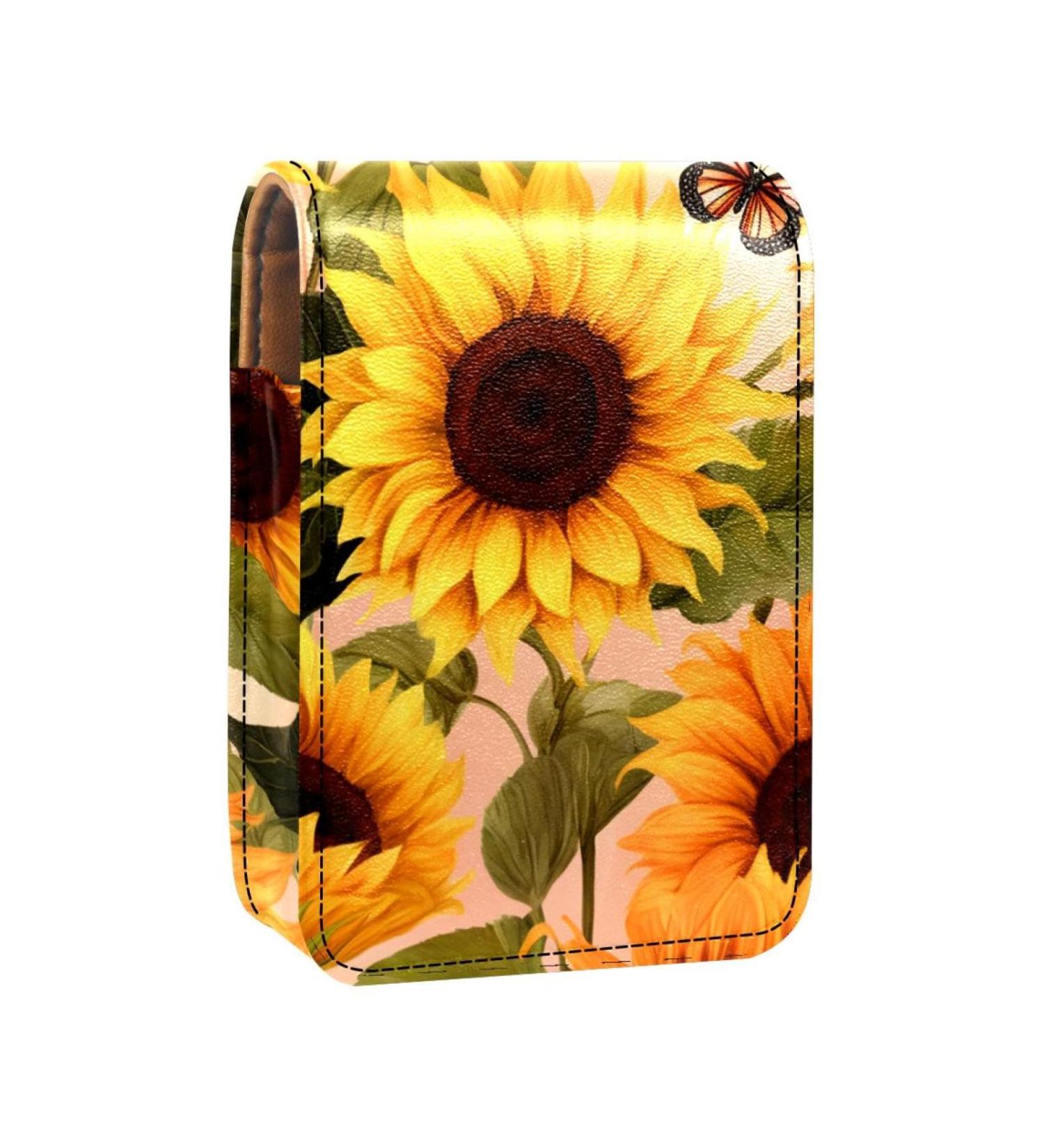 Travel Lipstick Organizer Case - Portable Makeup Bag with Mirror | Vintage Leaves Sunflower Design - Buy Online on GoSupps.com