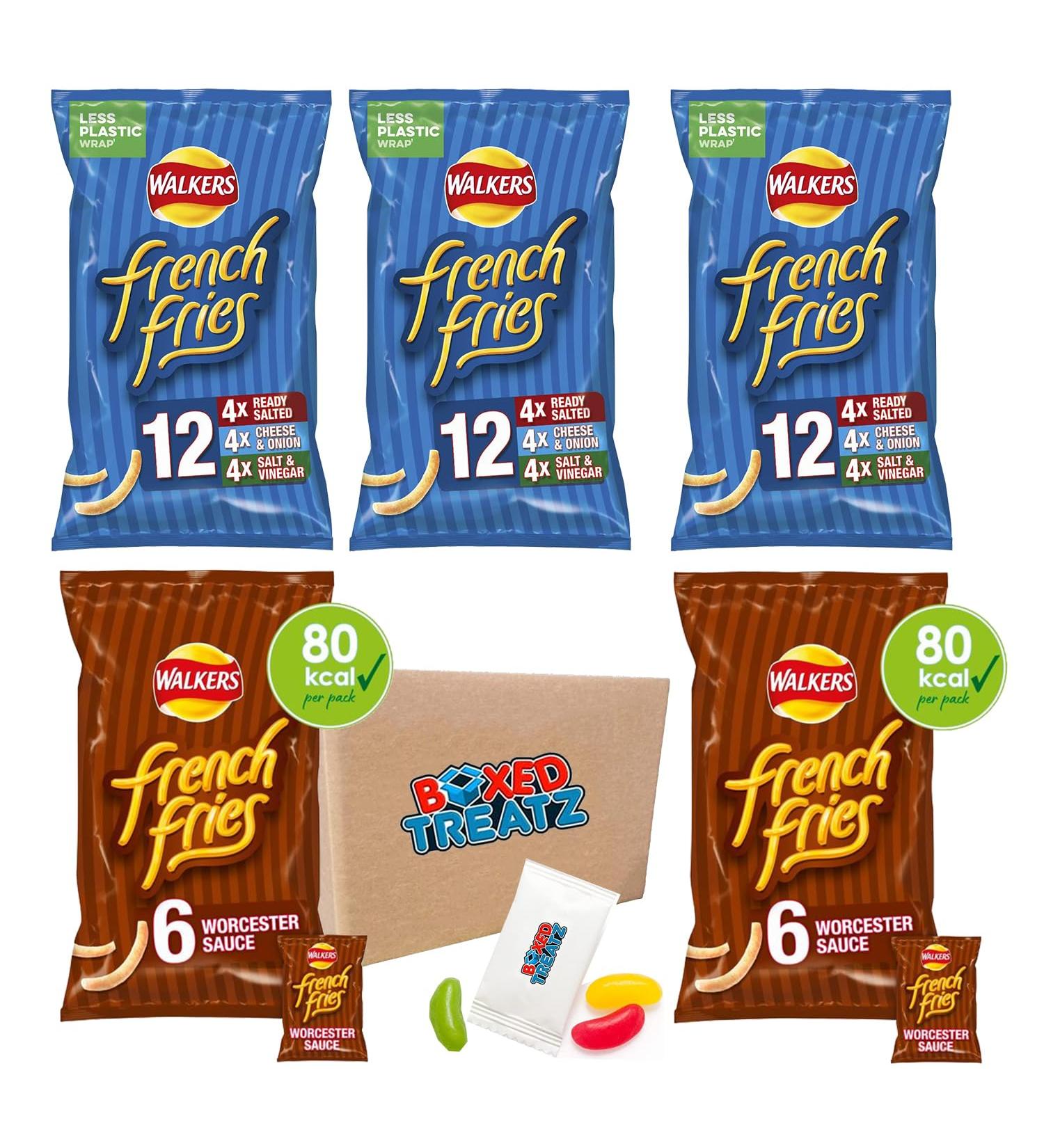 Walkers French Fries Variety Multipack Crisps 48x18g (12 X Ready Salted 12 X Cheese & onion 12 X Salt 7 Vinegar 12 X Worcester Sauce) Boxed Treatz - Buy Online on GoSupps.com