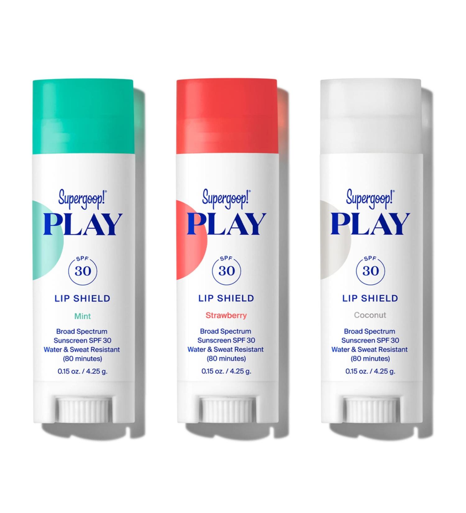 Supergoop! PLAY Lip Shield SPF 30 - 3 Pack Lip Balm with Mint Strawberry & Coconut | Moisturizing Treatment for Dry Cracked Lips | Clean Ingredients & UV Protection - Buy Online on GoSupps.com