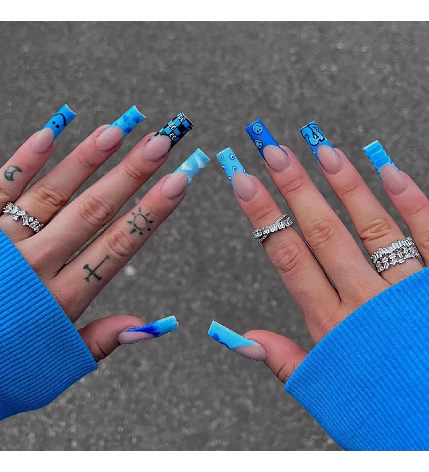 Ezpieces Fake Nails: Long Coffin French Acrylic Extra Long French Tip 24PCS Set - Blue Lover | Press On Nails with Glue for Women, Daily & Party Wear - Buy Online on GoSupps.com