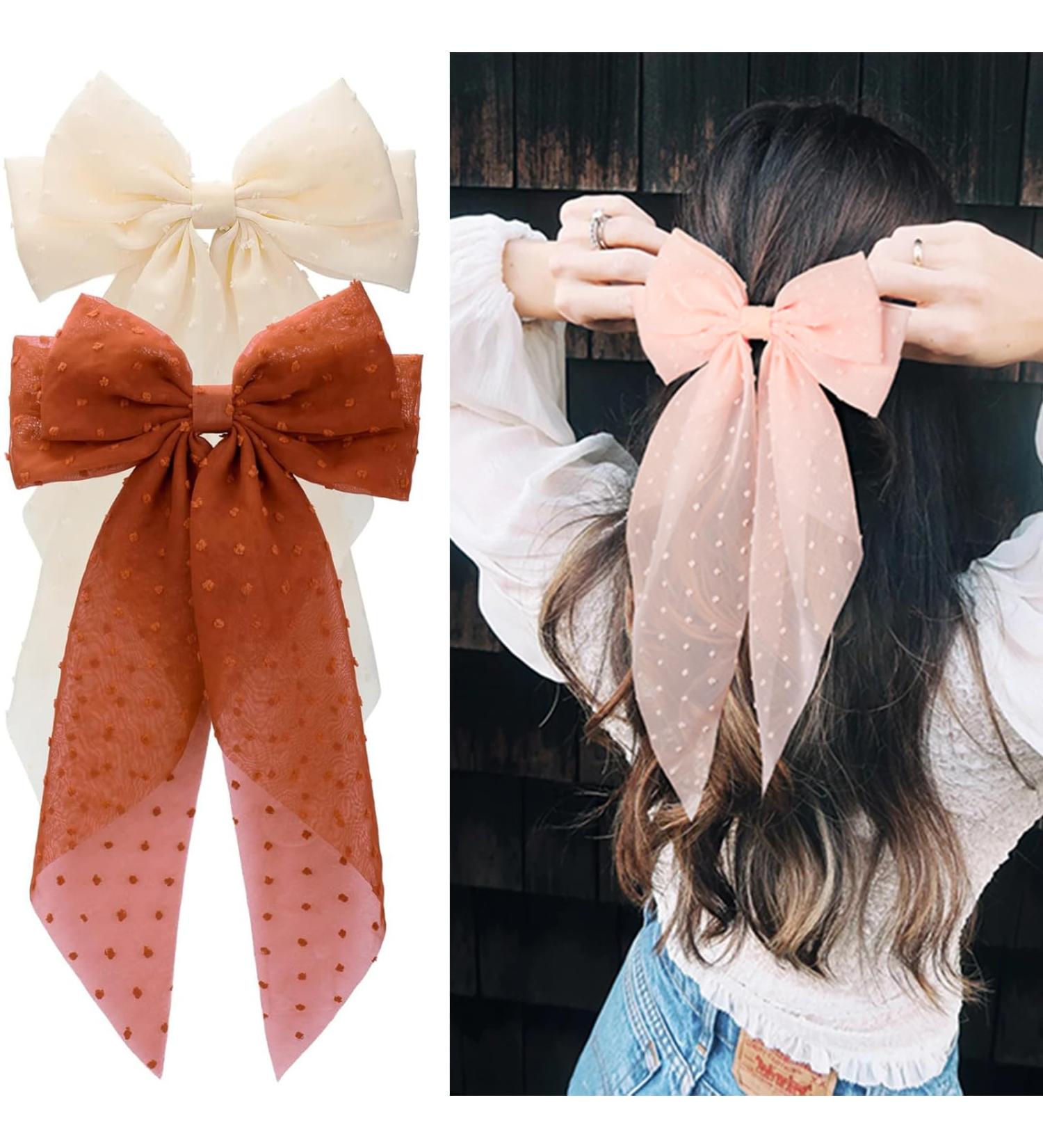 2 Pcs Big Hair Bow Hair Bows For Women Bow Hair Clip Elegant French Barrette Bows For Hair With Long Polka Dot Bow Hair Barrettes Accessories Bow Hair Clips For Women Girls(Orange red+Cream) - Buy Online on GoSupps.com