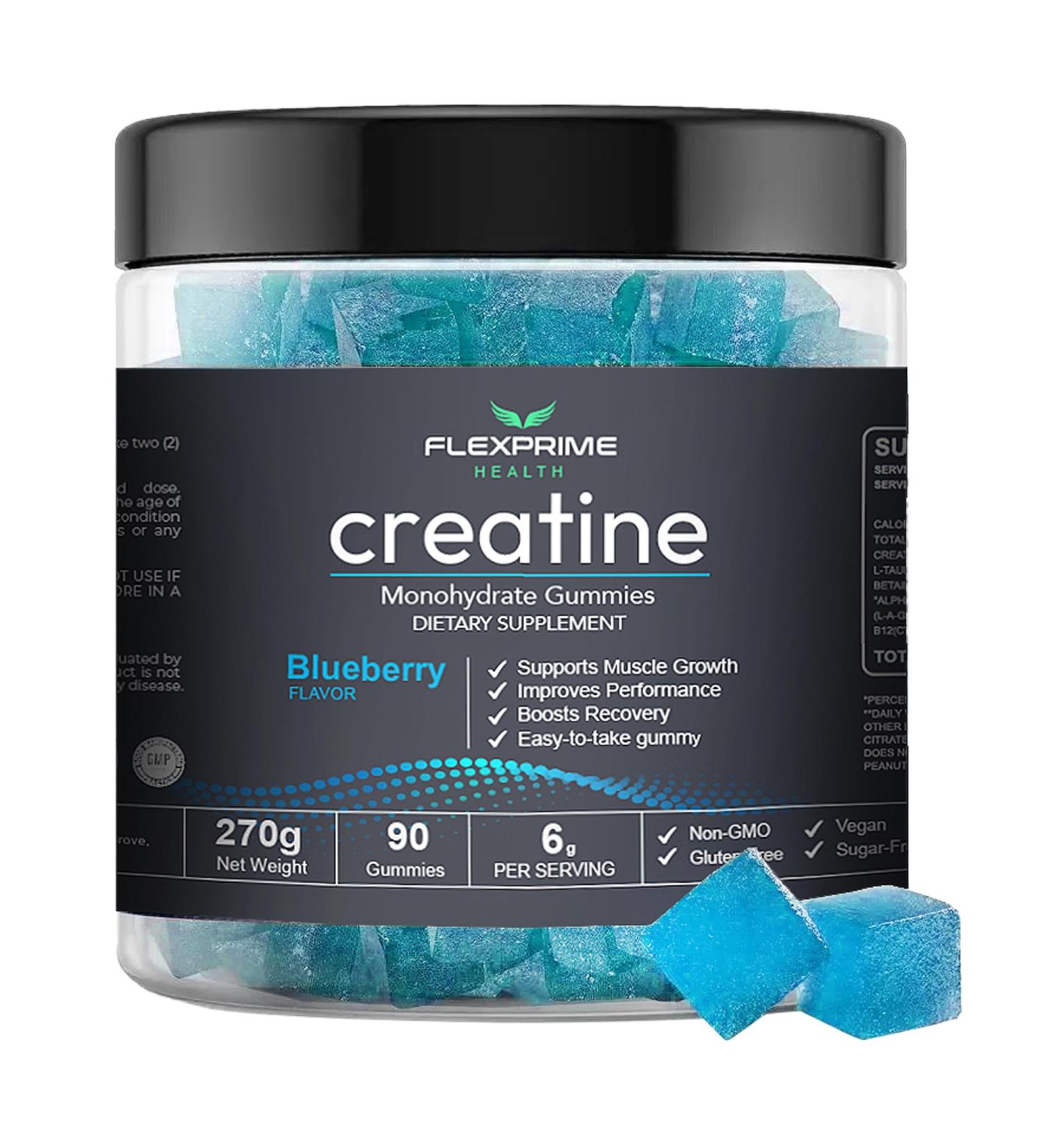FlexPrime - Creatine Monohydrate 6g L-Taurine Gummies | Vegan Halal Sugar-Free Gluten-Free Non-GMO | Men/Women | Lean Muscle Growth Increase Strength Improve Brain Health | Blueberry-90 Count - Buy Online on GoSupps.com