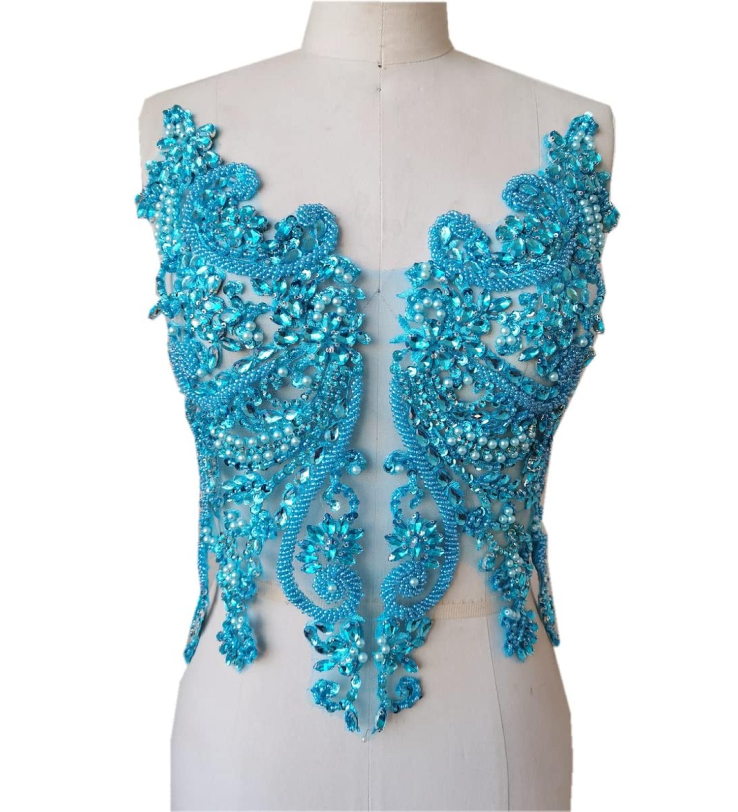 Handmade Light Blue Rhinestone Lace Bodice Applique Trim for Clothing - Sew On Beads Sequins Patch - Buy Online on GoSupps.com