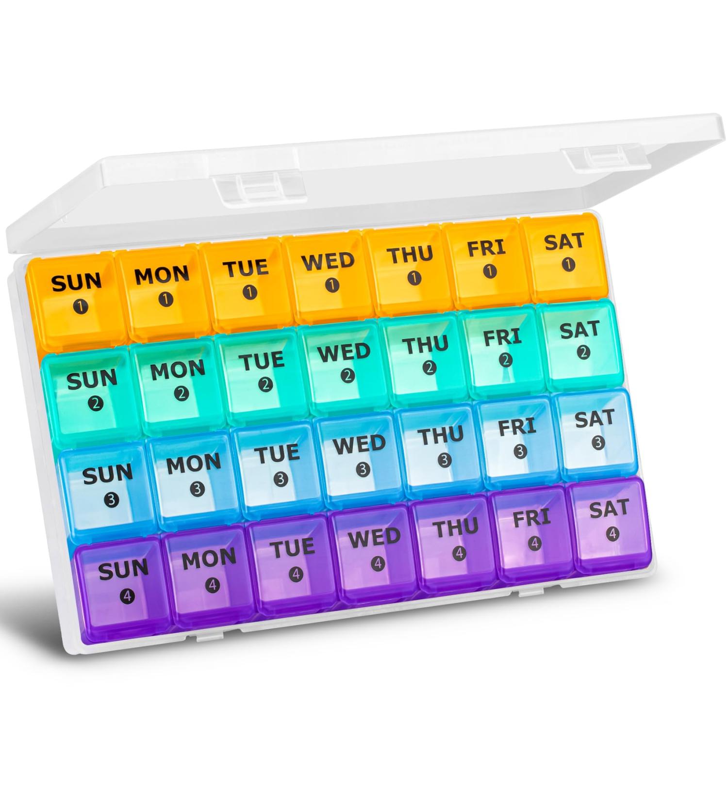 Mossime Large Monthly Pill Box Organiser 4 Week Pill Boxes 7 Day 1 Times a Day Compartments Tablet Organiser Box 28 Day with Dust-Proof Case Vitamin Meds Supplement Container for Family Multicoloured - Buy Online on GoSupps.com