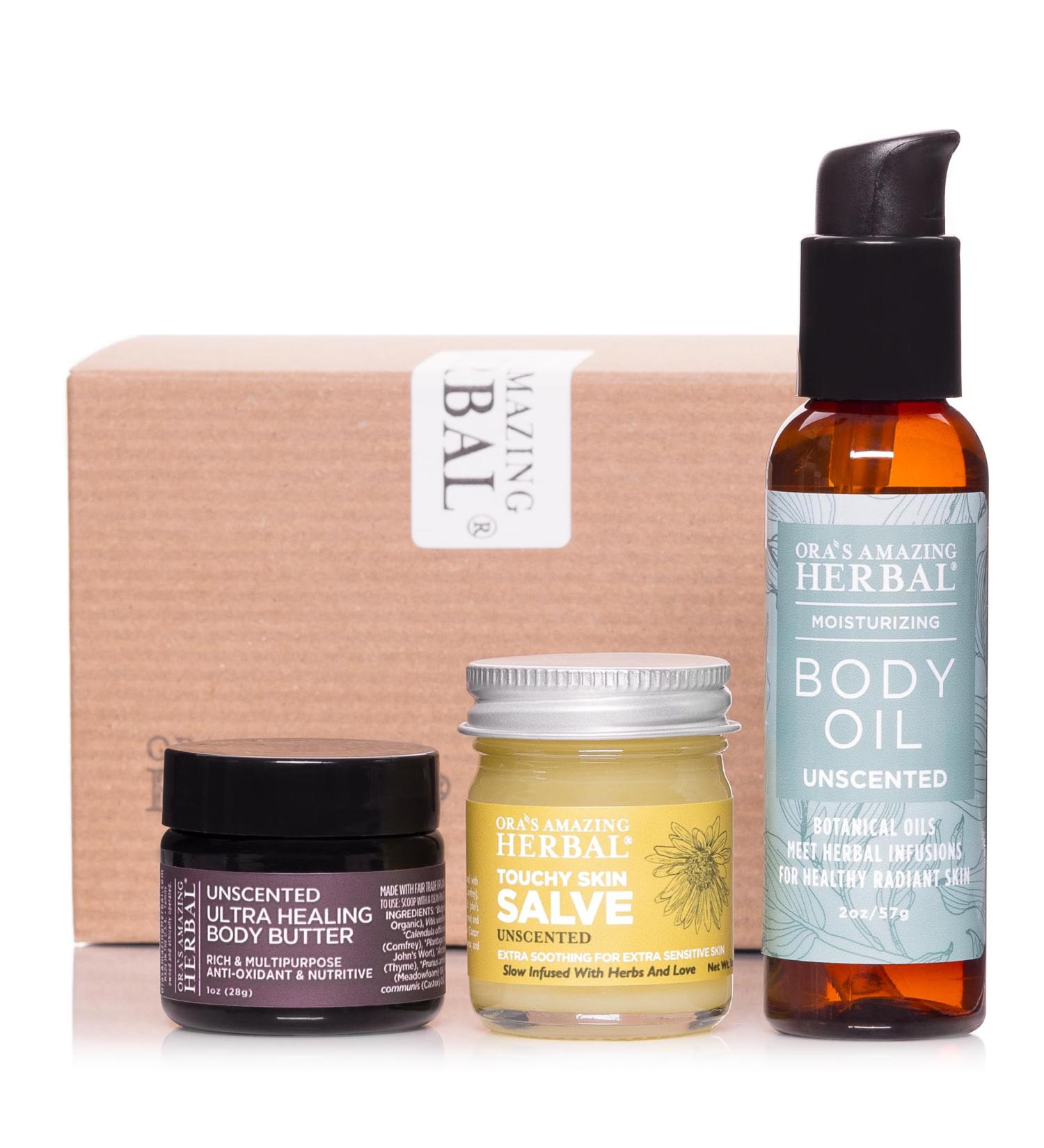 Buy Ora's Amazing Herbal Unscented Moisturizer Travel Set - Eczema & Sensitive Skin Salve Body Butter & Body Oil - Travel Size - Buy Online on GoSupps.com