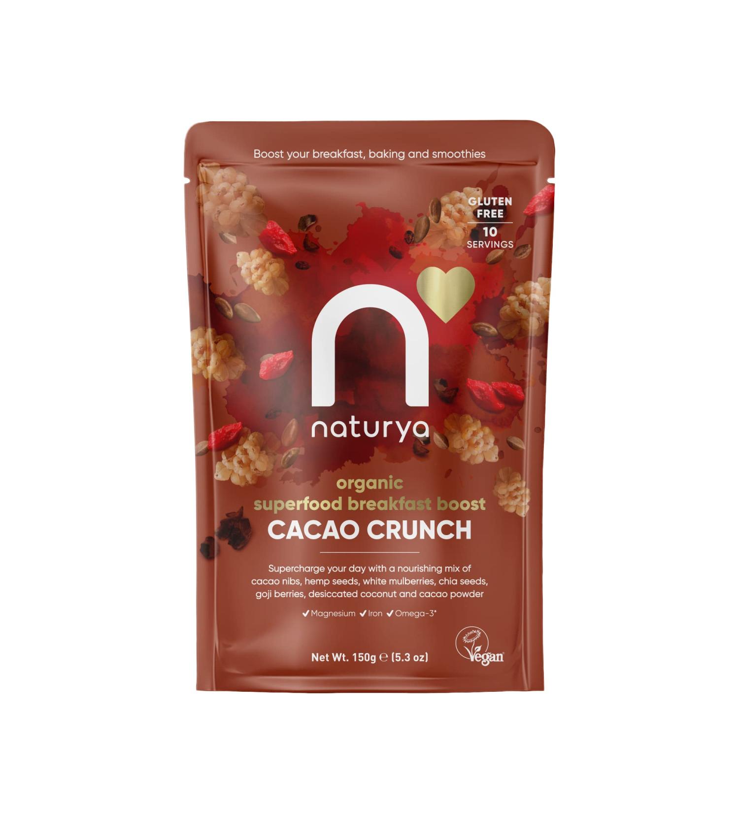 Naturya Organic Cacao Crunch Breakfast Boost - Rich in Omega-3 and Protein with Hemp Seeds Mulberries Chia Gluten-Free Vegan - 150g - Buy Online on GoSupps.com