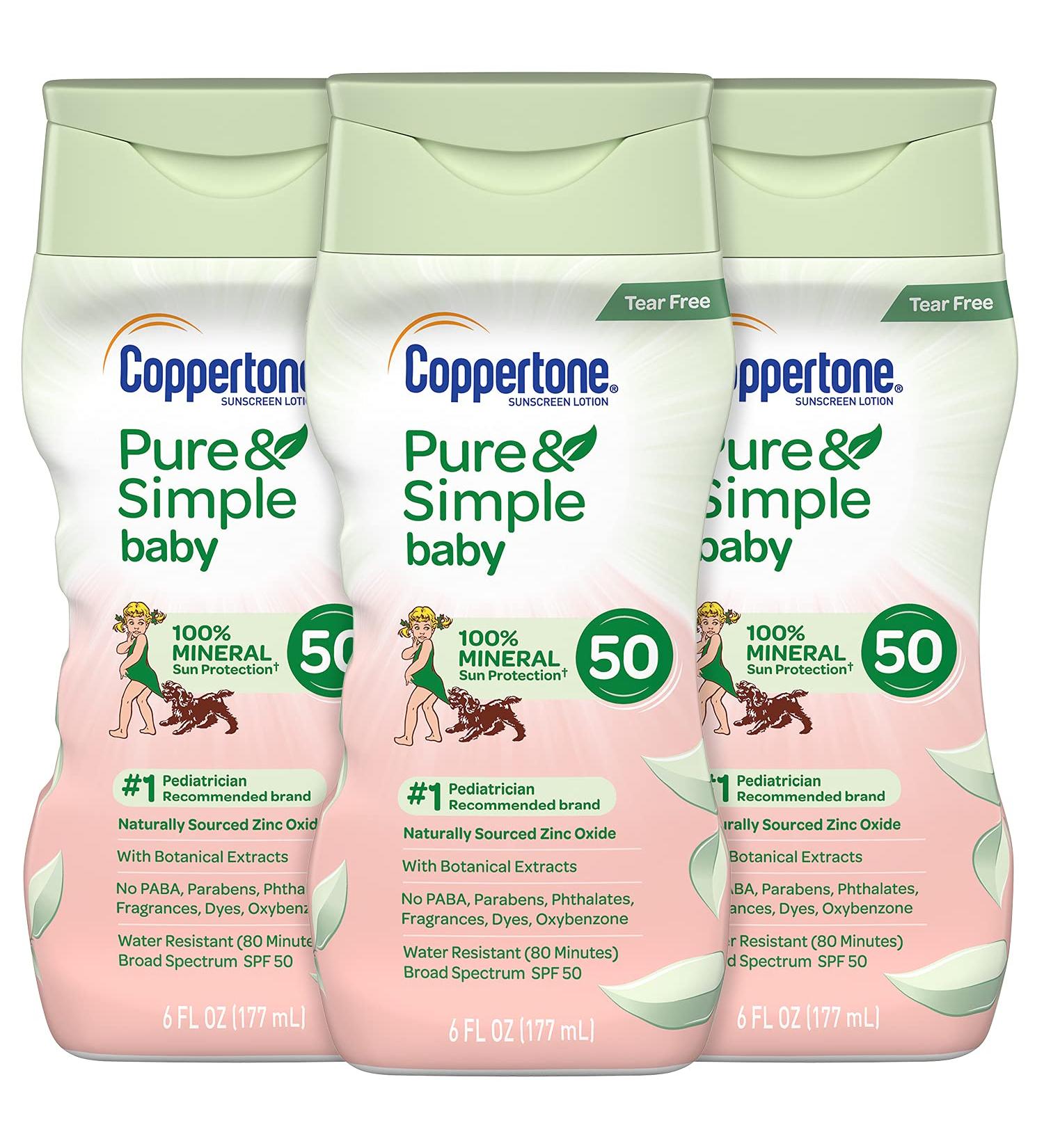 Coppertone Pure & Simple Baby Tear Free Mineral-Based Sunscreen Lotion Broad Spectrum SPF 50 6 Fluid Ounce (Pack of 3)