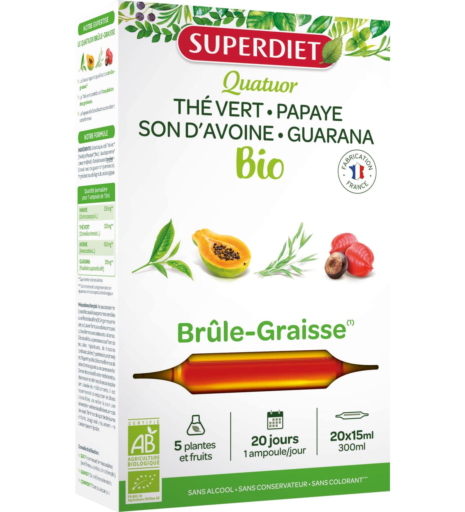 SUPERDIET - ORGANIC FAT BURNER QUARTET - Slimming -Green tea Papaya Oat bran Guarana -French manufacture - 20 ampoules of 15 ml - Buy Online on GoSupps.com