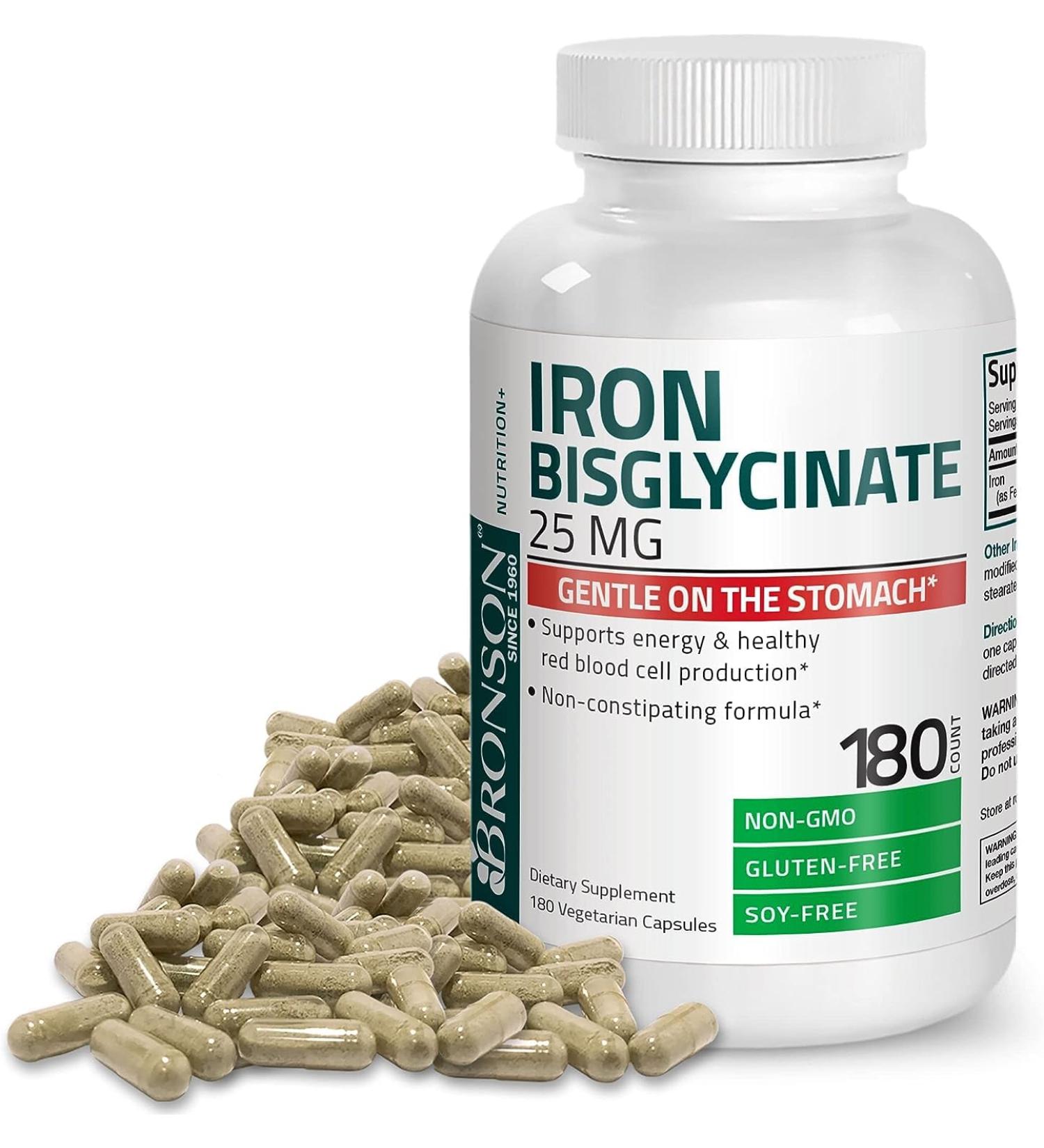 Iron Bisglycinate 25mg - Gentle on Stomach - Supports Energy & Red Blood Cell Production - Non-Constipating - Non GMO - 180 Vegetarian Capsules - Buy Online on GoSupps.com