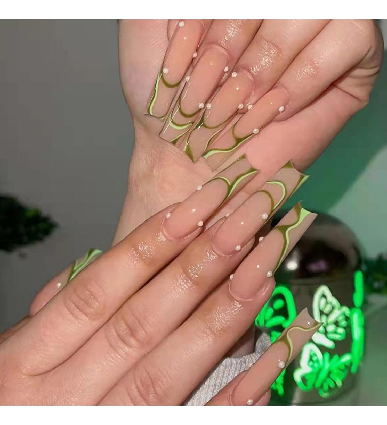 Long Fashion Fake Nail Set Press On Acrylic Nail with Blue Ice Transparent Butterfly Sparkling Diamond Detachable Nail Tips New OPQ-05