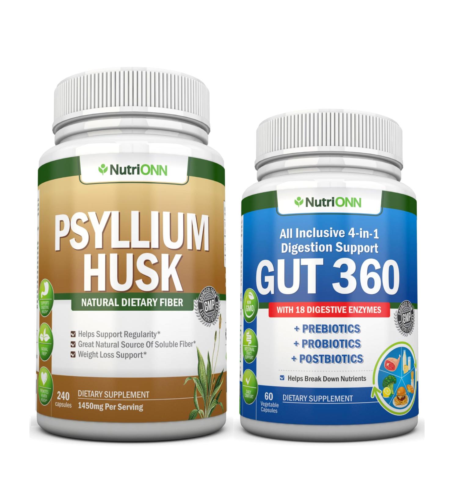 NutriONN Psyllium Husk Capsules & 4-in-1 Digestive Enzymes Combo - Targeted Gut & Digestive Health Support - Buy Online on GoSupps.com