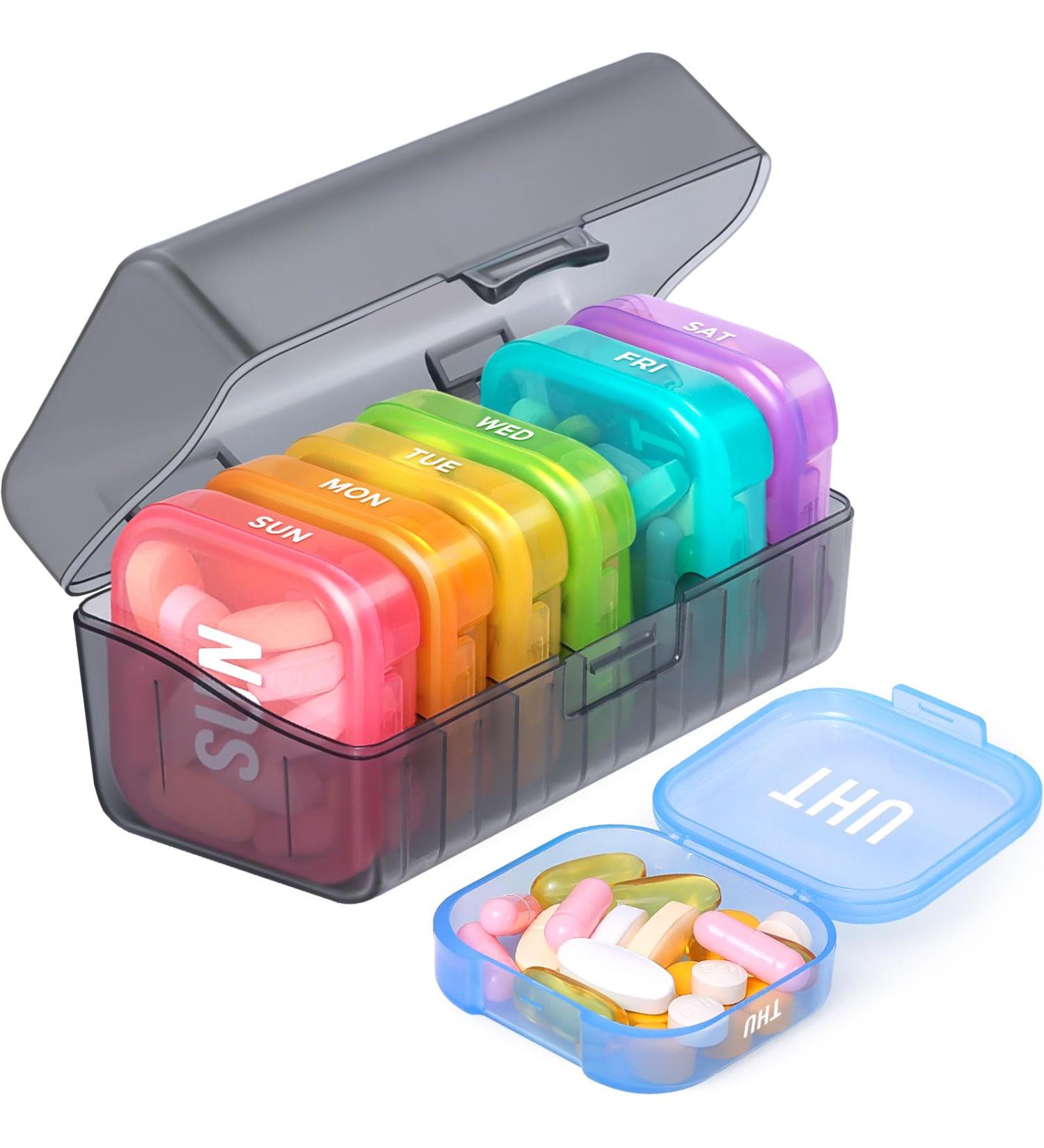 Enlarged 7-Day Pill Organizer for Fish Oils & Supplements | Easy-to-Open Rainbow Pill Box | Travel-Friendly Vitamin Storage - Buy Online on GoSupps.com