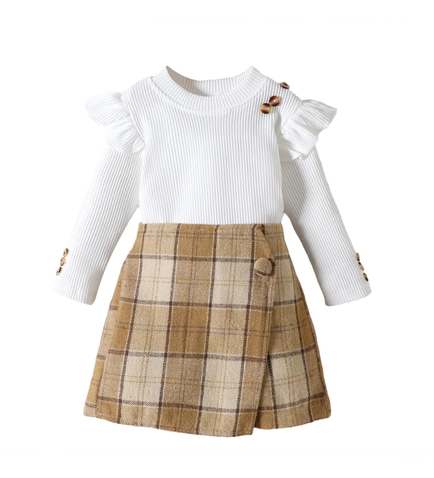 Miipat Baby Girl Fall Winter Outfit Set | Long Sleeve Pullover Tops with Mini Skirts | Girls Dress 5-6 Years | White and Khaki - Buy Online on GoSupps.com