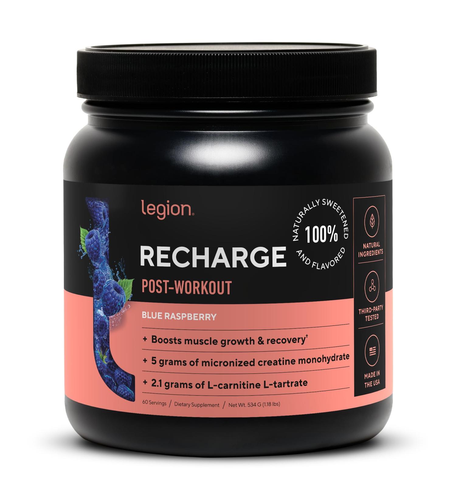 Legion Recharge Post Workout Supplement - Natural Muscle Builder & Recovery Drink with Creatine Monohydrate - Blue Raspberry 60 Serving - Buy Online on GoSupps.com