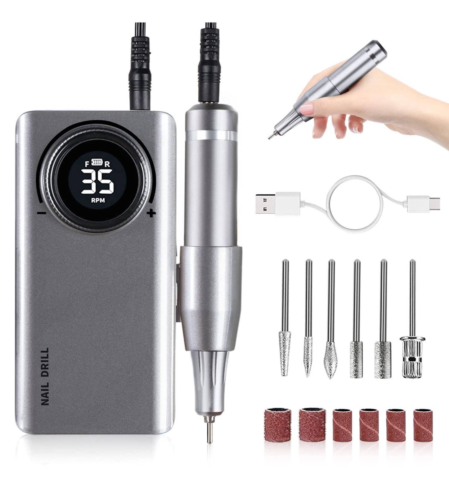 Portable Rechargeable 35000RPM Professional Electric Nail Drill for Acrylic Gel Nails - Home & Salon Use - Grey - Buy Online on GoSupps.com