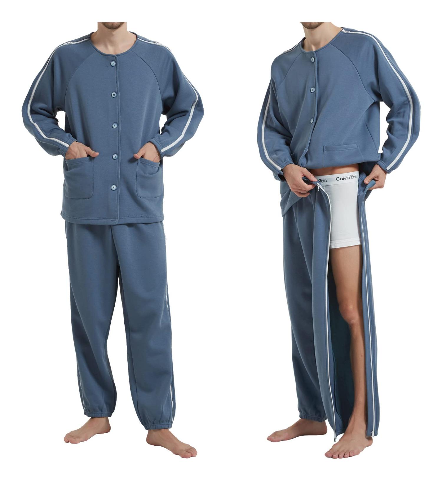 YOSINISO Bedridden Patient Clothing - Fleece Lined Double Zipper Cotton Disability Gowns for Post Surgery Elderly - Men's L Blue Set - Buy Online on GoSupps.com