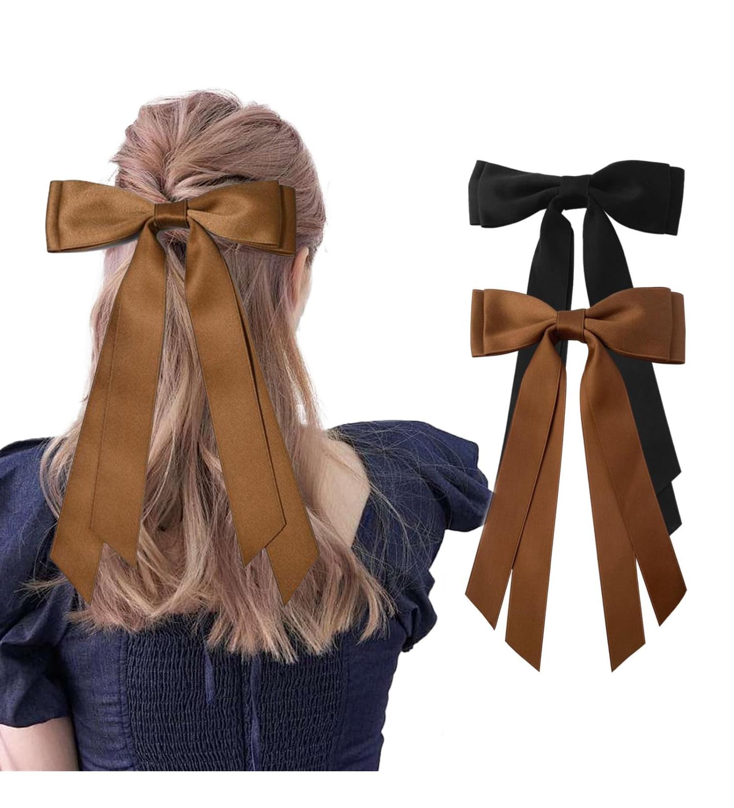 Lilbitty 2 Pieces Silky Satin Hair Bows Hair Clip Hair Band Black Coffee Color Ponytail Holder Metal Clips Hair Bow for Women - Buy Online on GoSupps.com