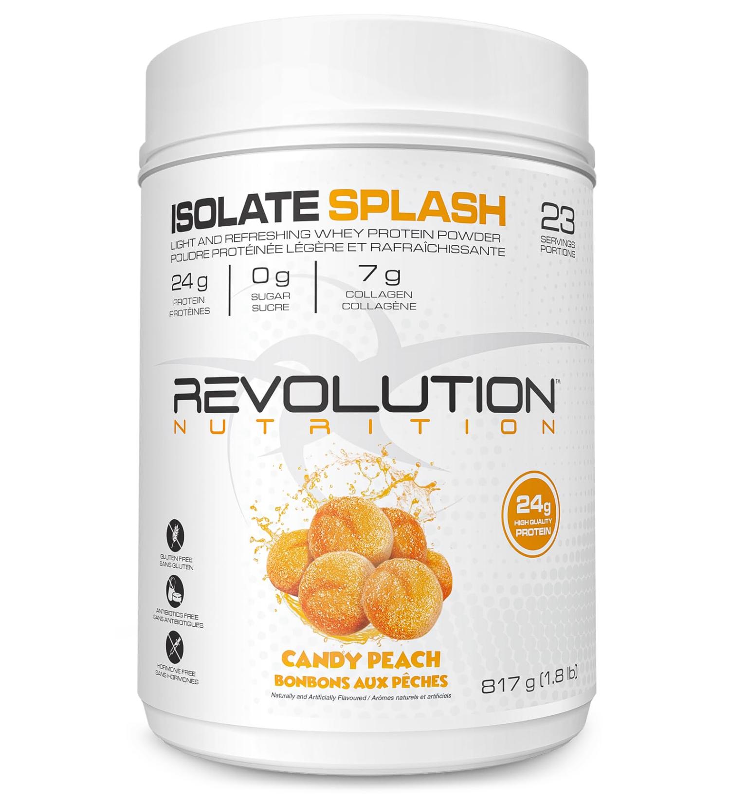 Revolution Nutrition Isolate Splash Clear Whey Protein Powder Juice-Type Protein Candy Flavour Collagen 24g Of Protein Per Scoop Zero Sugar 817g 23 Servings (Candy Peach 1.8 Pound) Peach 23 Servings (Pack of 1) - Buy Online on GoSupps.com
