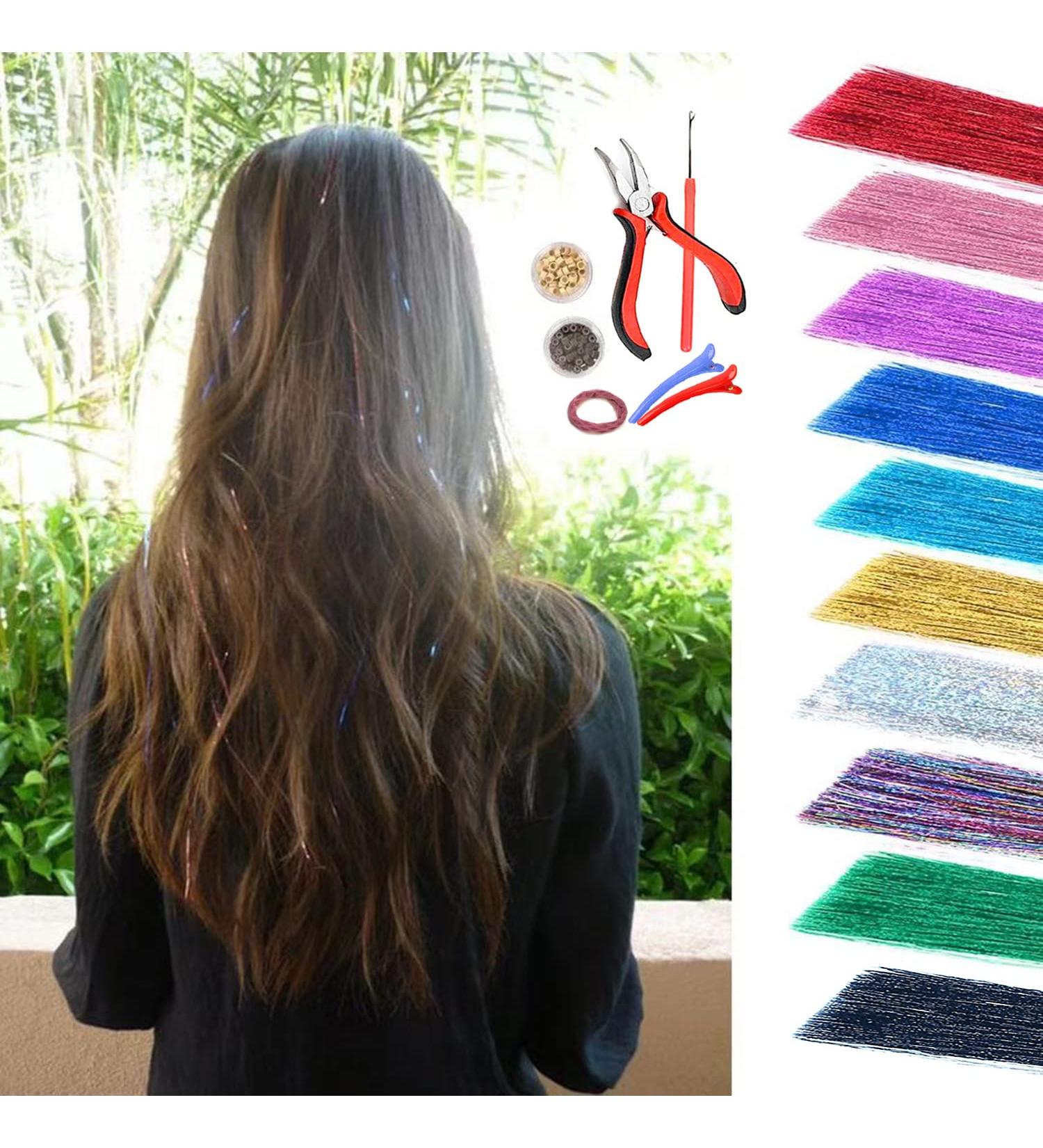 Glittery Hair Tinsel Kit - 10 Colors Hair Extensions with Tools for Party, Halloween, Christmas - Fairy Sparkling Hairpiece with Plier, Needle, Beads - Buy Online on GoSupps.com