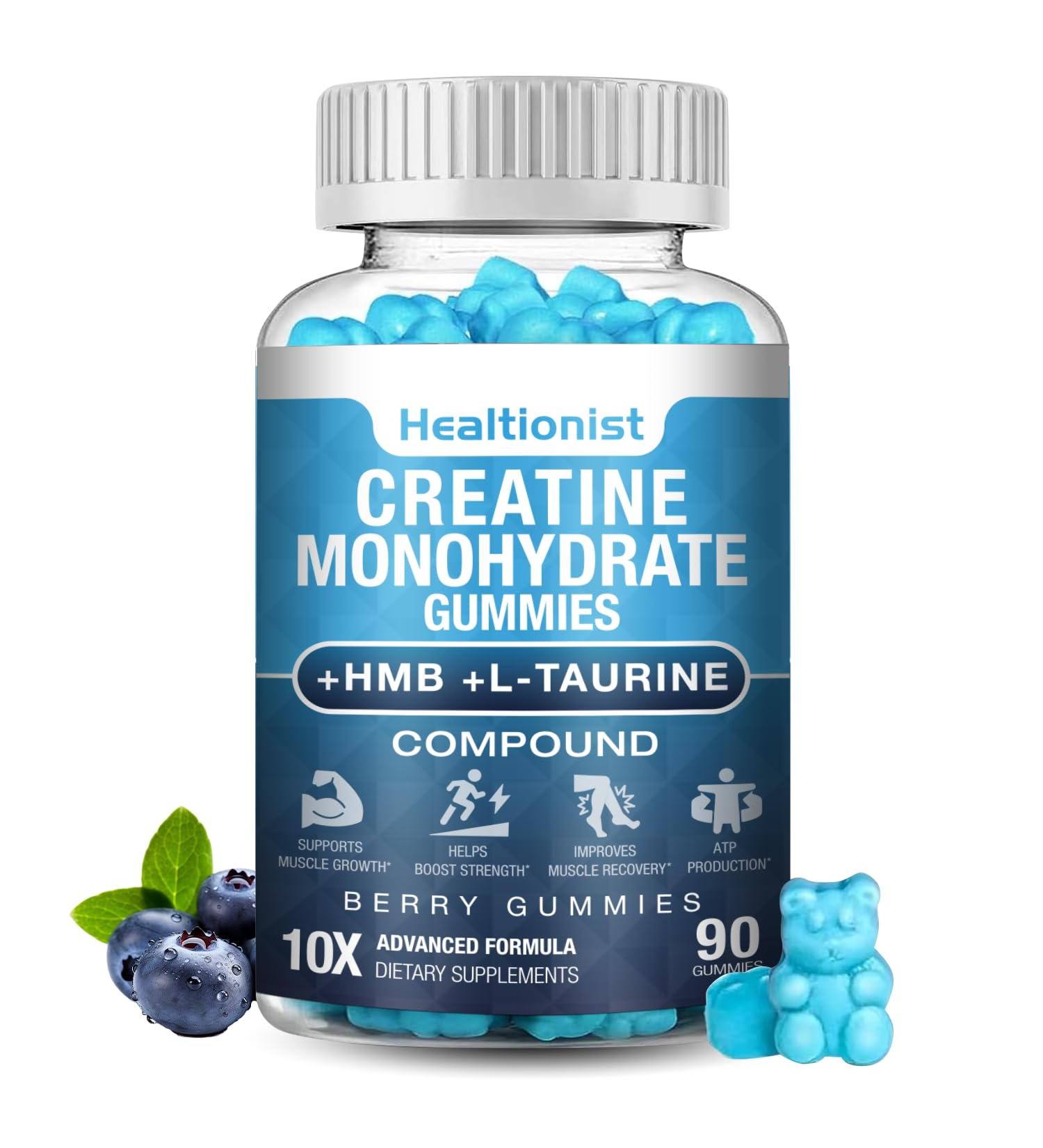 Healtionist 1 Pack 8000MG Creatine HMB Monohydrate Gummies for Men & Women L-Carnitine L-Taurine & Vitamin B6 12 90 Blueberry Flavor Counts Supplement Gummies (30-Day Supply)