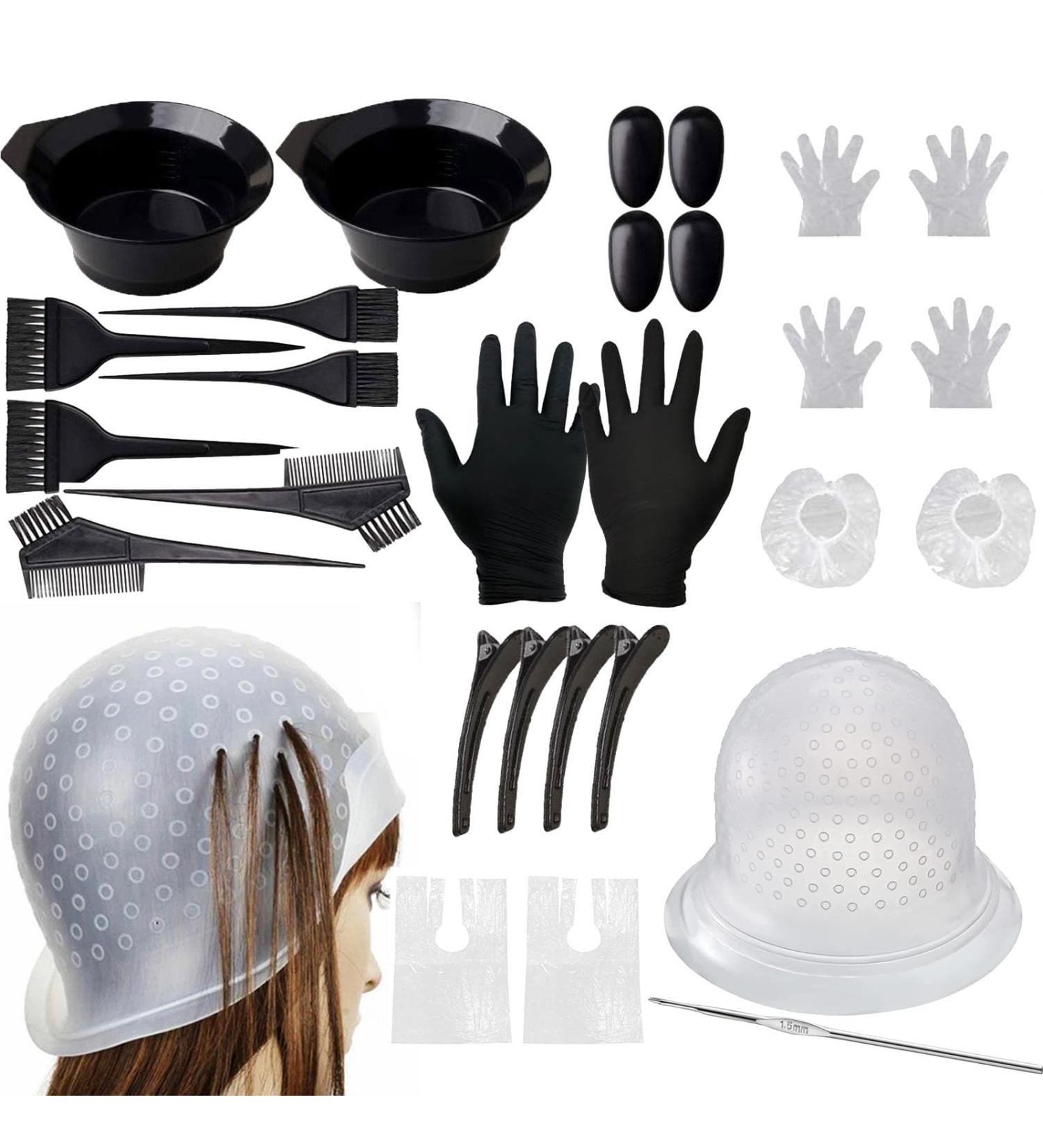 DIY Hair Coloring Set 25-Piece Silicone Dye Kit with Brushes Caps Gloves & Tools for Salon-Quality Highlights - Buy Online on GoSupps.com