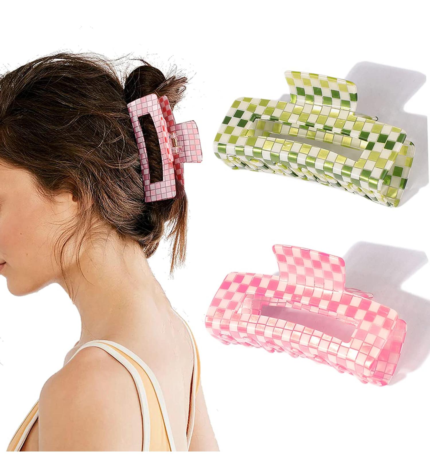 Checkered Hair Clips Set - Large Claw Clips for Thick Hair - Y2K Rectangle Claw Clip Duo - 90s Pink + Green Checkerboard Design - Buy Online on GoSupps.com