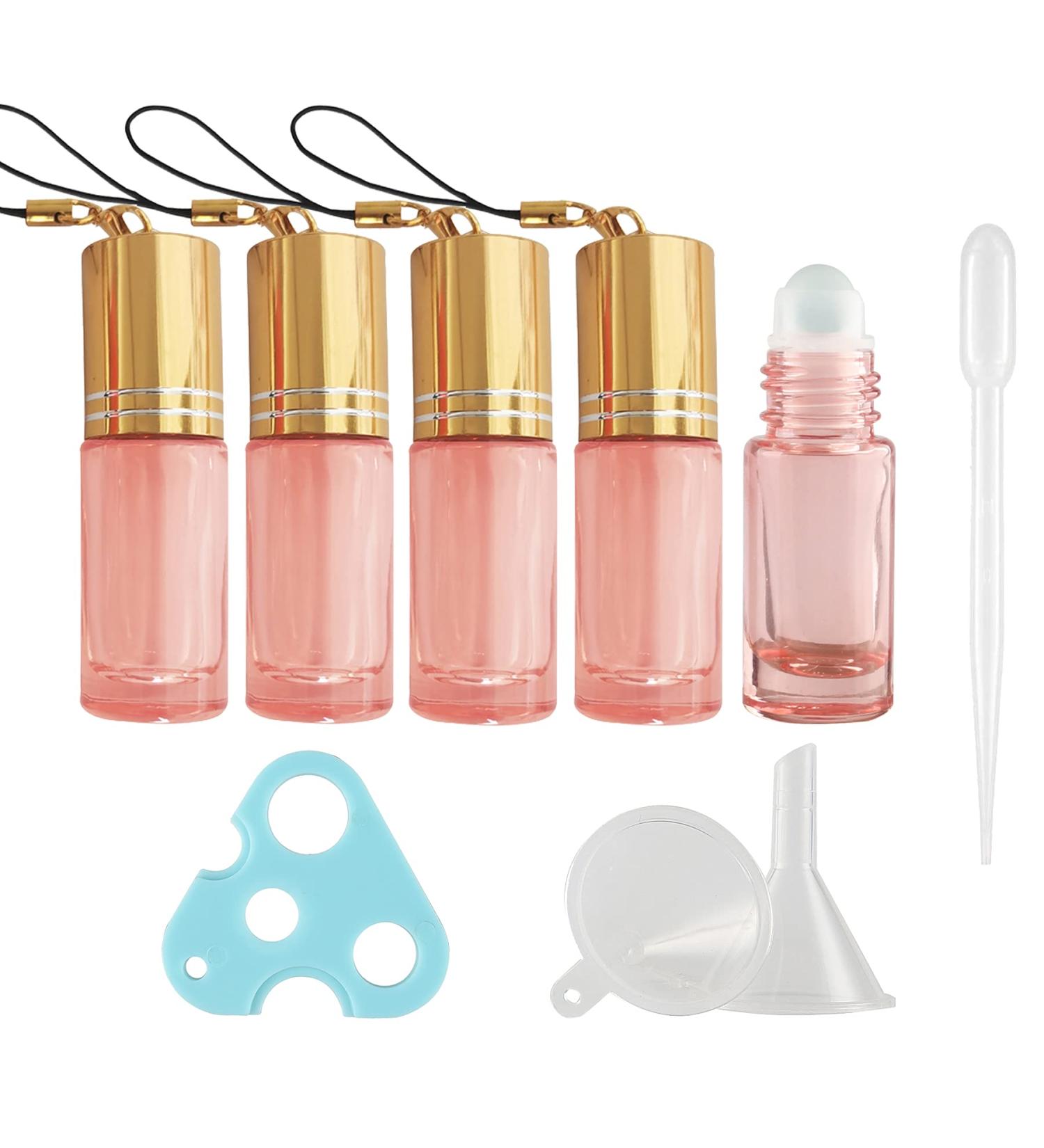 Tianzd 5ml Pink Glass Roller Bottles - 5 Pack with Gold Screw Cap - Essential Oil Roll-On Bottles with Funnel & Pipettes for Easy Filling - Buy Online on GoSupps.com