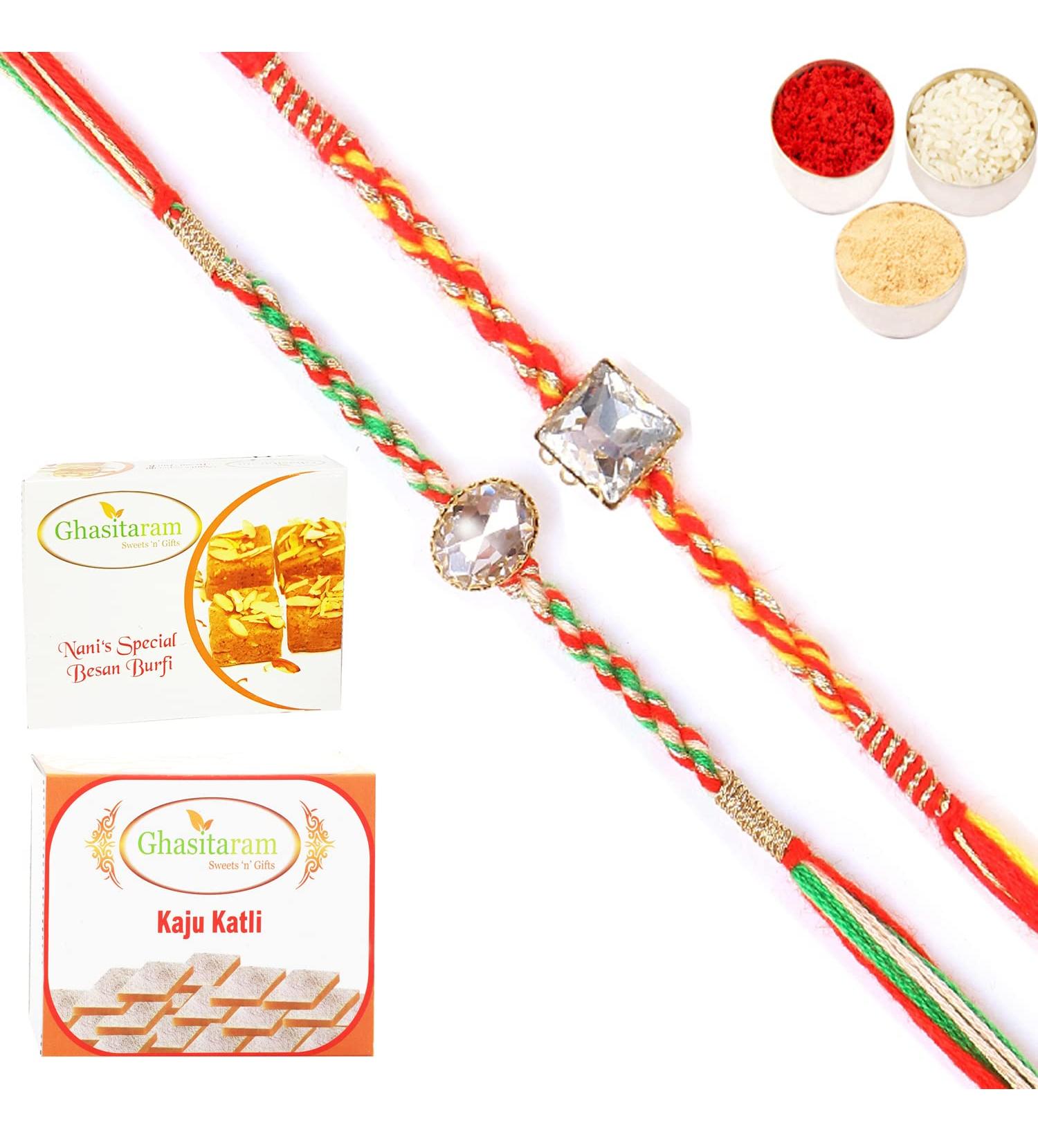 Ghasitaram Gifts Rakhi for Brother Rakhis Online - Set of 2 6300 6371 Fancy Rakhis with 200 GMS of Besan Barfi and 200 GMS of Kaju Katli - Buy Online on GoSupps.com