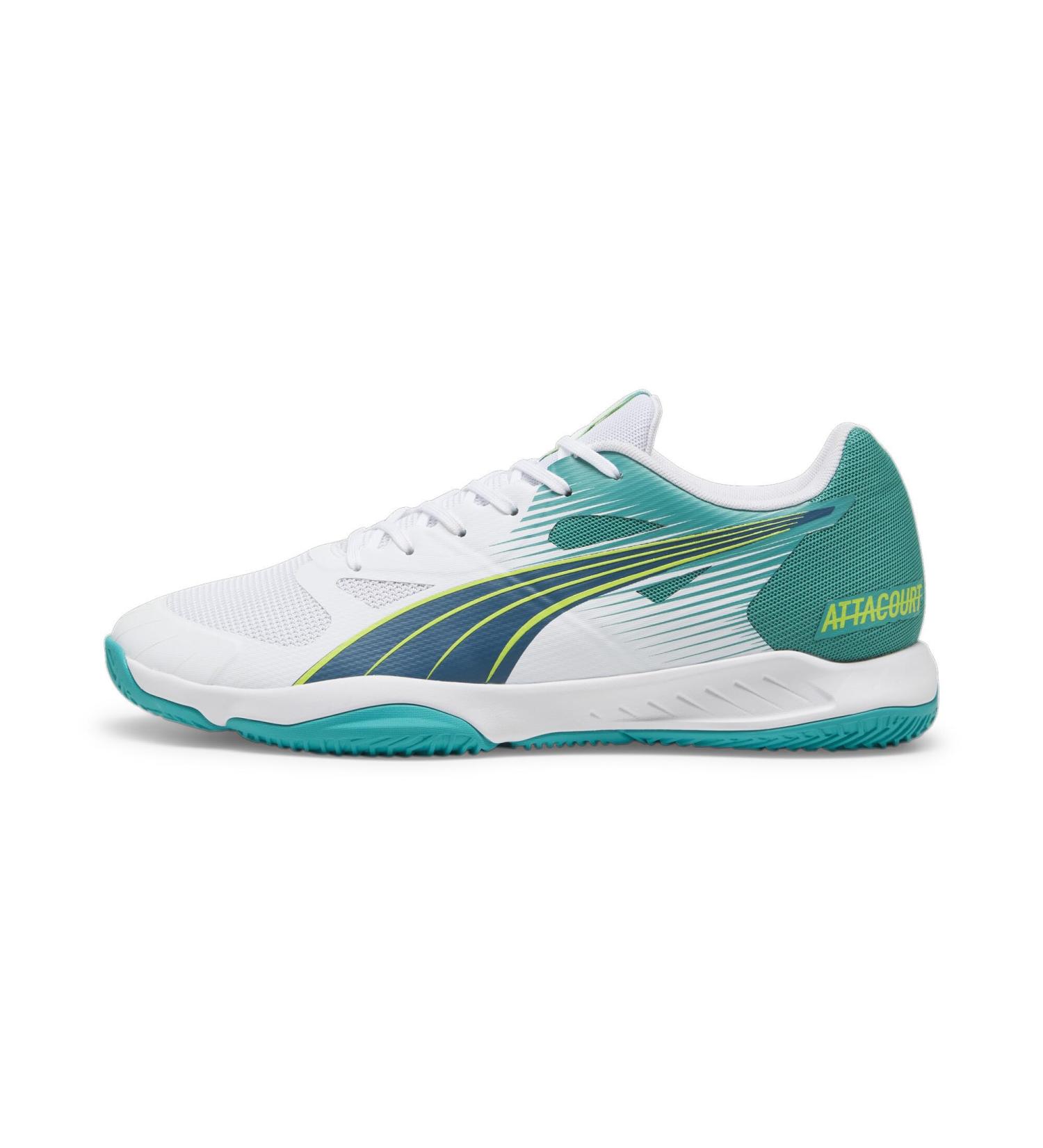 PUMA Unisex Attacourt Indoor Court Shoe - 46 EU | White Ocean Tropic Sparkling Green Lime Squeeze | International Shipping Available - Buy Online on GoSupps.com