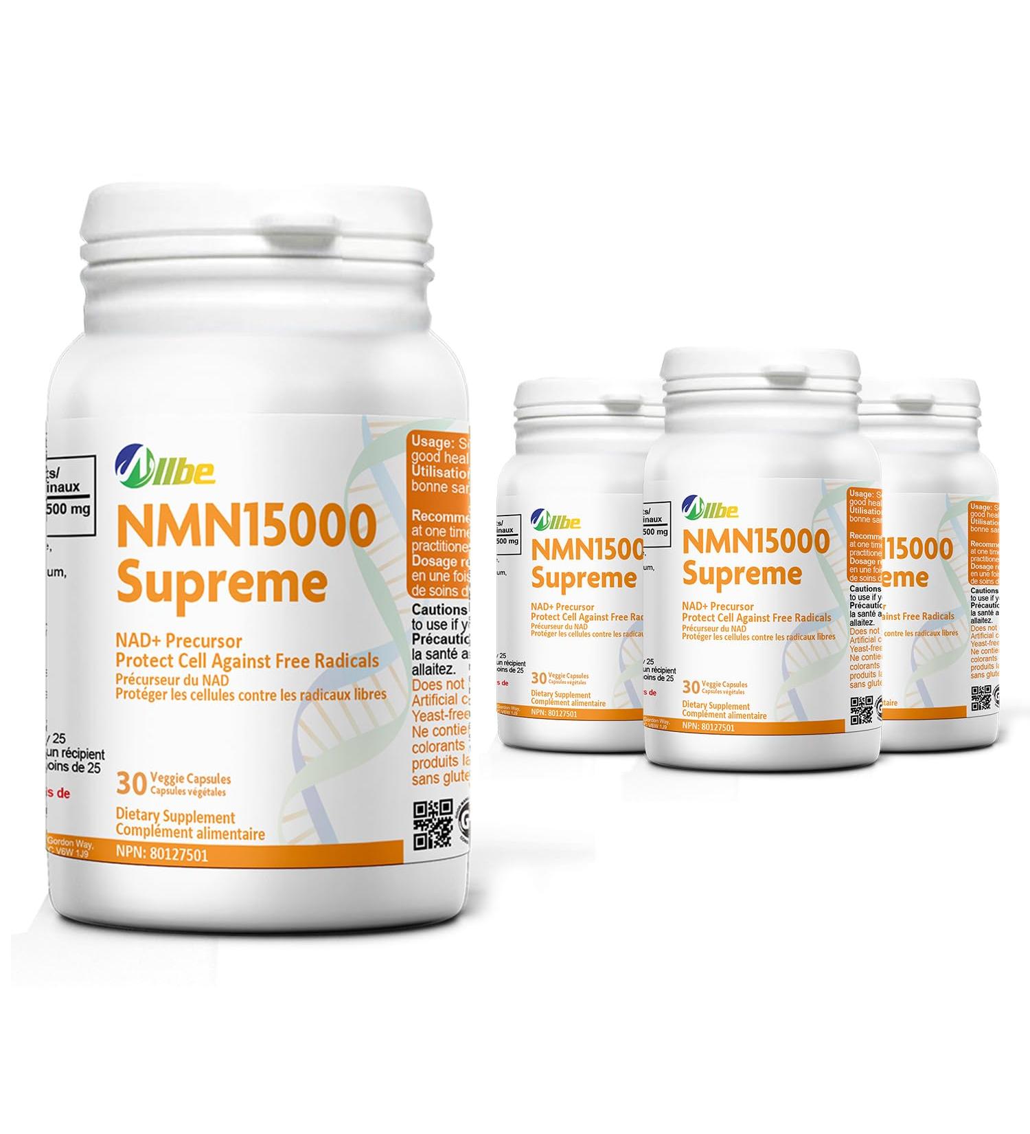 ALLBE NMN 15000 Supreme Capsules - 30 Count Nicotinamide Mononucleotide NMN 500mg NAD+ Supplement for Protection Against Free Radicals & support cellular health Made in Canada - Pack of 4 30 count (Pack of 4) Nmn 15000 (500mg) - Buy Online on GoSupps.com