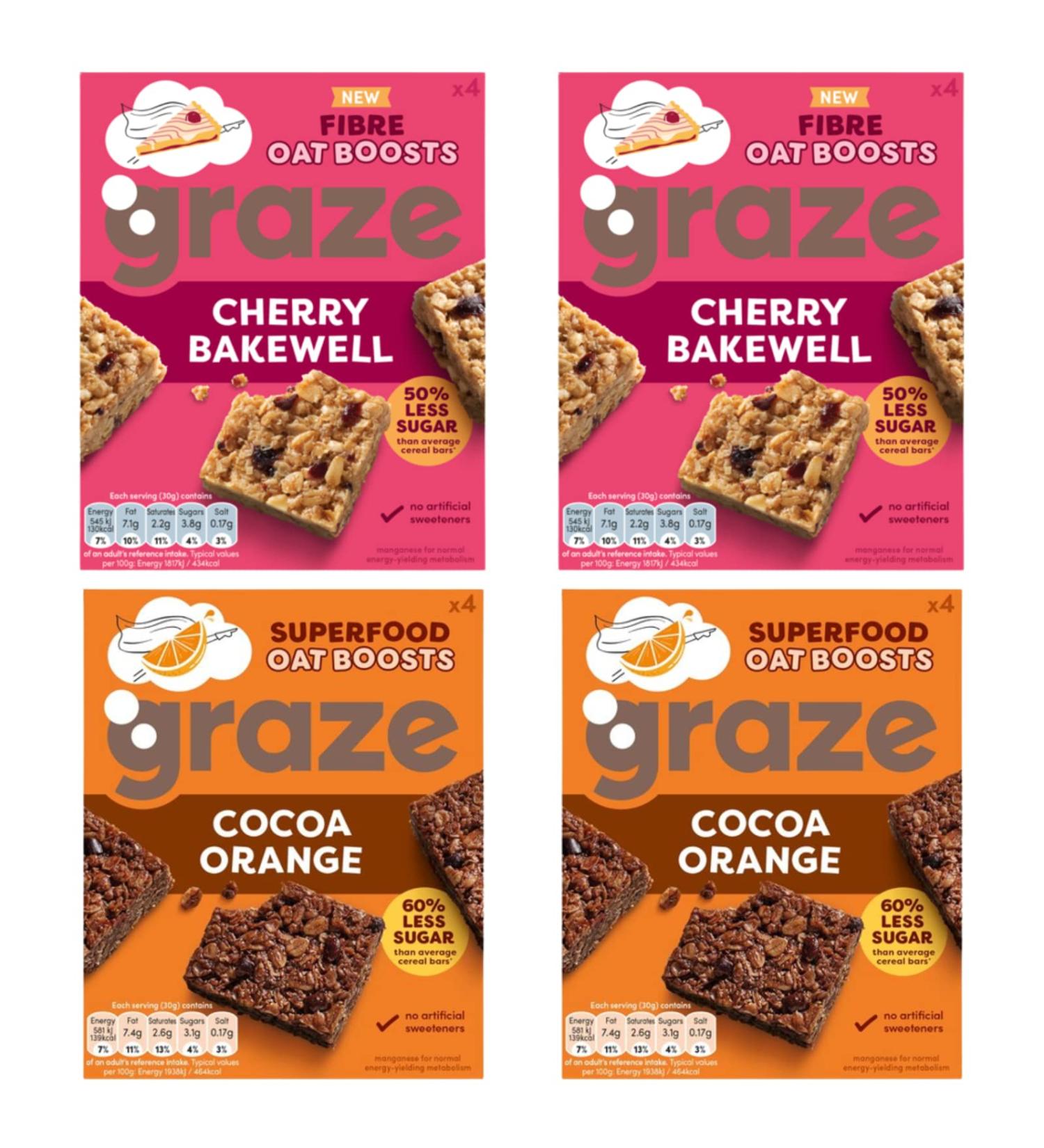 Graze Protein Oat Boost Bars - Cherry Bakewell and Cocoa Orange - Healthy Snacks Whole Oats Natural Flavours High Fibre Less Sugar (16 Snacks - 4 Packs of 4 x 30g) - with Tea Pouch - Buy Online on GoSupps.com