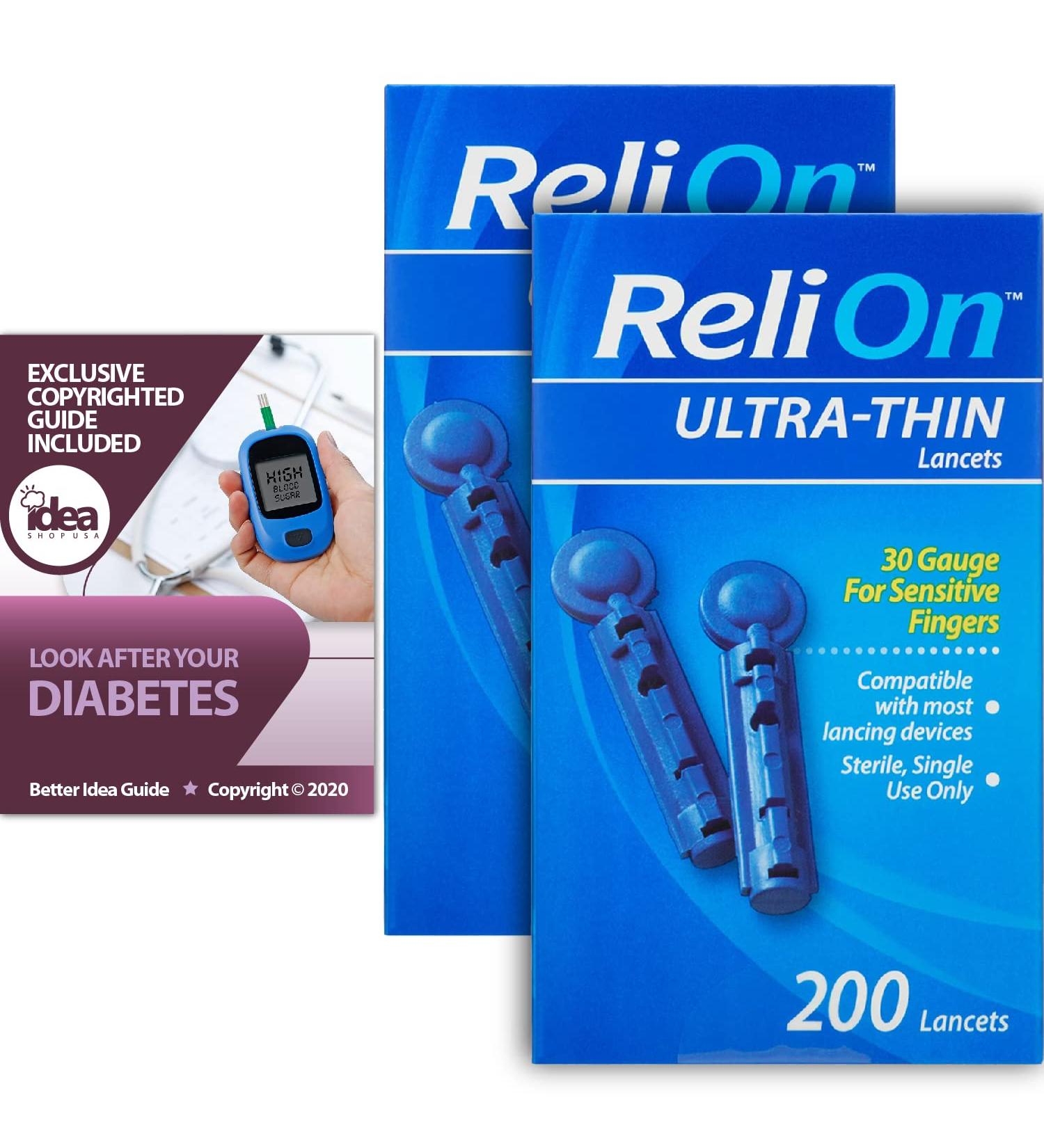 ReliOn Ultra-Thin Lancets 30-Gauge for Sensitive Fingers 200 Ct (2 Pack) + Look After Your Diabetes Guide - 400 Ct Bundle - Buy Online on GoSupps.com