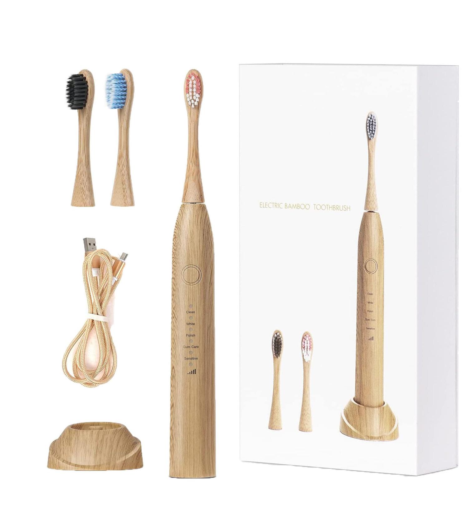Electric Bamboo Toothbrush - 5 Cleaning Modes IPX8 Waterproof 2-Minute Timer USB Rechargeable | Eco-Friendly Adult Sonic Toothbrush with Replaceable Heads - Buy Online on GoSupps.com