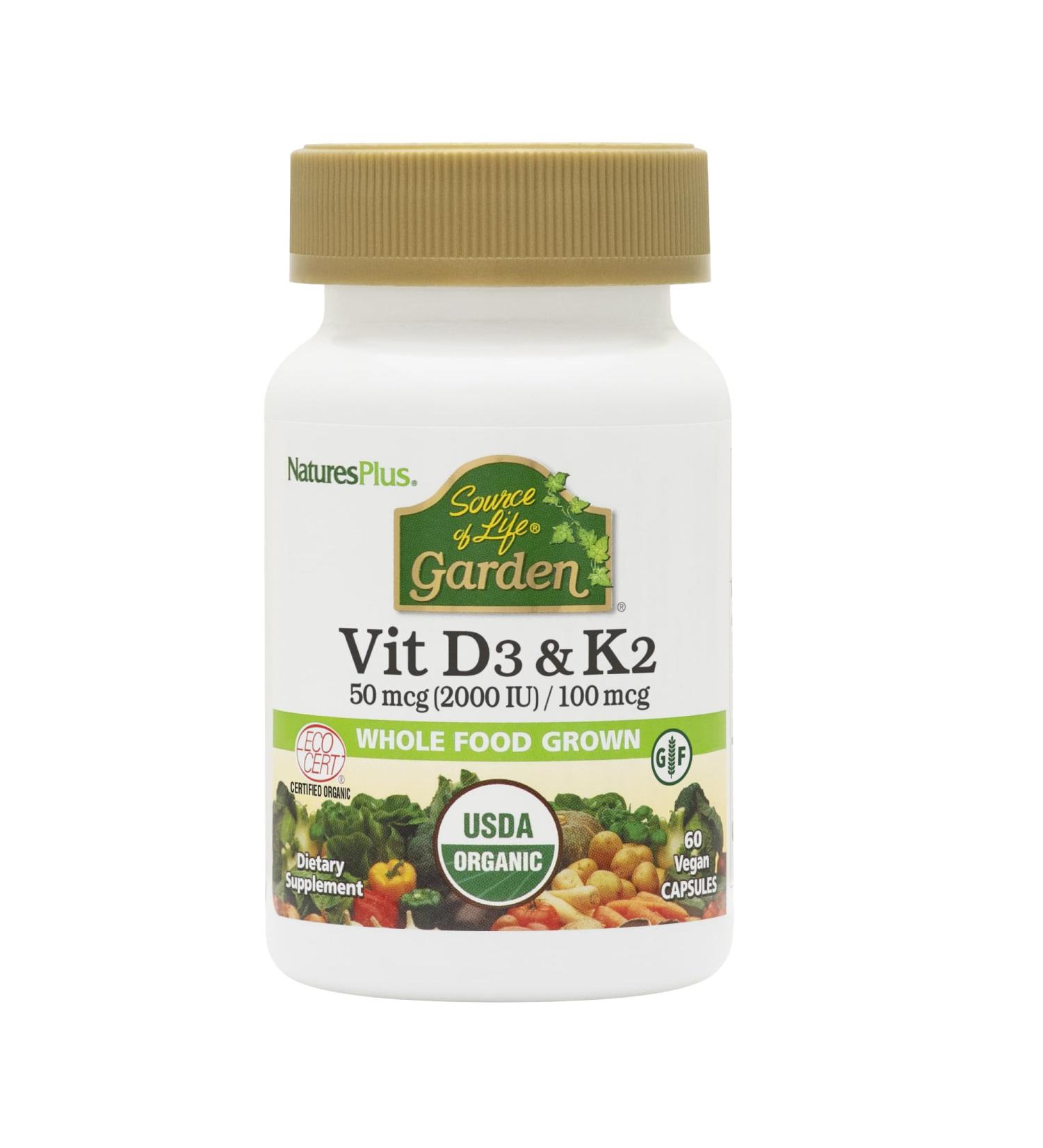 NaturesPlus Source of Life Garden Vitamin D3 & K2 - 60 Capsules - Immune System and Bone Support - USDA Certified Organic Vegan Gluten Free - 60 Servings - Buy Online on GoSupps.com