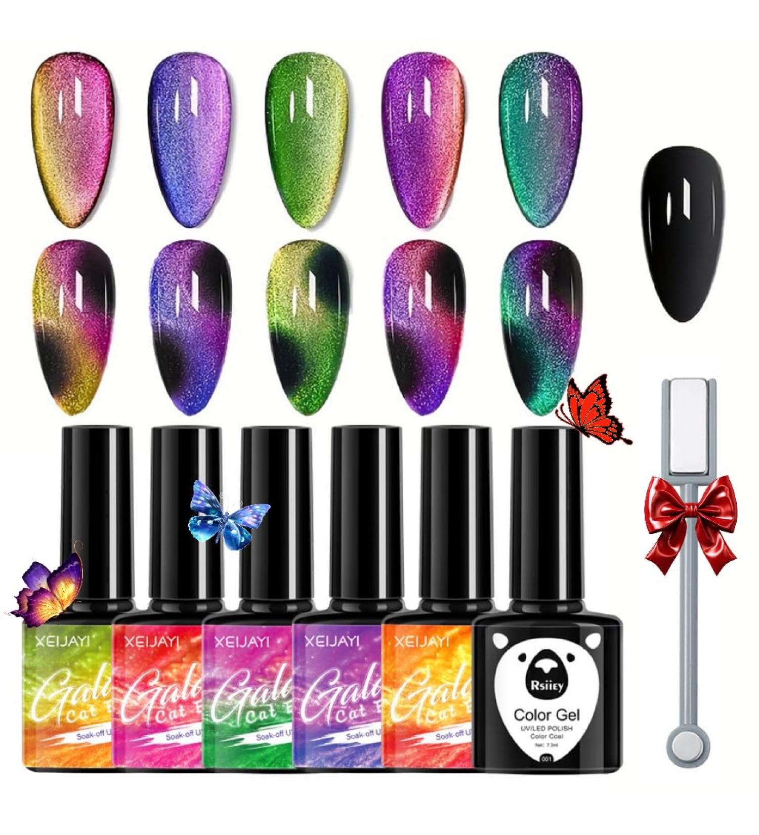 Cat Eye Gel Nail Polish Set With Magnetic Stick-9d Holographic Magnetic Nail Polish-5 Colors Pink Purple Red Green Glitterbels Gel Polish With Black Gel Polish Base Needed-Gel Nail Art Kit - Buy Online on GoSupps.com