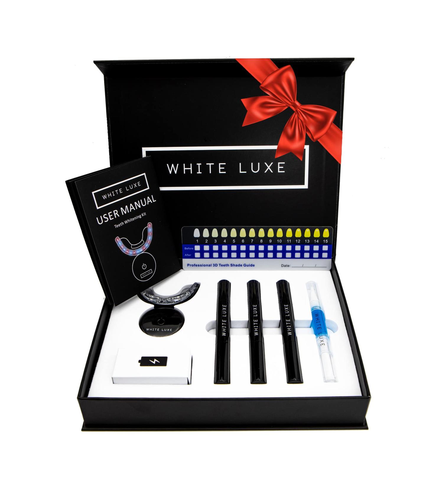 Luxe White Teeth Whitening Kit for Sensitive Teeth - LED Mouthpiece, Peroxide-Free & Vegan - Home Teeth Whitening Gift Set - Buy Online on GoSupps.com
